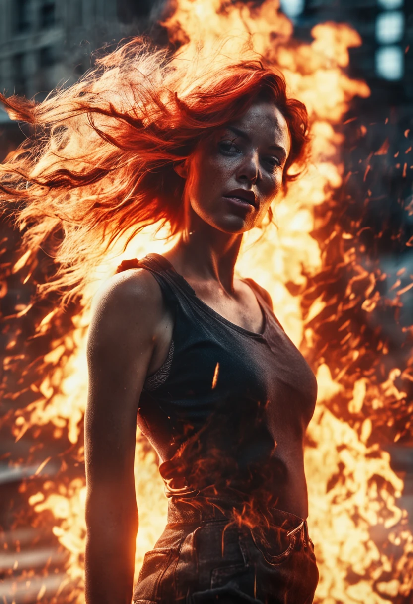 portraiture, Broken glass effect, Vivid yellow flame, Ethereal sparks, Mesmerizing colors, ((Beautiful and elegant woman, Clear face))，Strong gaze, Flowing fiery red hair, Dynamic aerial pose, Broken environment, Urban chaos background, cinematic backlighting, Strong contrast, postapocalyptic vibes, 85mm prime lens, Canon EOS R6, Wide aperture, HDR enhancement, 4K 分辨率, Visual storytelling, Emotional intensity, The phoenix appears.(Realistic flame blasting，Real smoke rushes into the sky)，