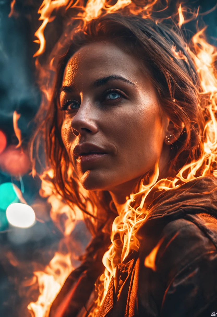 portraiture, Broken glass effect, Vivid yellow flame, Ethereal sparks, Mesmerizing colors, ((Beautiful and elegant woman, Clear face))，Strong gaze, Flowing fiery red hair, Dynamic aerial pose, Broken environment, Urban chaos background, cinematic backlighting, Strong contrast, postapocalyptic vibes, 85mm prime lens, Canon EOS R6, Wide aperture, HDR enhancement, 4K 分辨率, Visual storytelling, Emotional intensity, The phoenix appears.(Realistic flame blasting，Real smoke rushes into the sky)，