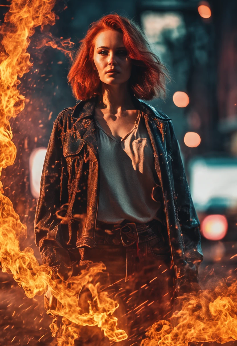 portraiture, Broken glass effect, Vivid yellow flame, Ethereal sparks, Mesmerizing colors, ((Beautiful and elegant woman, Clear face))，Strong gaze, Flowing fiery red hair, Dynamic aerial pose, Broken environment, Urban chaos background, cinematic backlighting, Strong contrast, postapocalyptic vibes, 85mm prime lens, Canon EOS R6, Wide aperture, HDR enhancement, 4K 分辨率, Visual storytelling, Emotional intensity, The phoenix appears.(Realistic flame blasting，Real smoke rushes into the sky)，