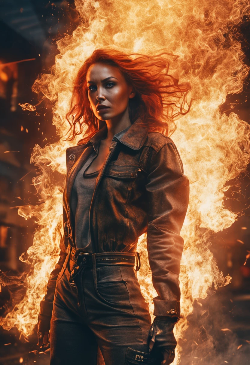 portraiture, Broken glass effect, Vivid yellow flame, Ethereal sparks, Mesmerizing colors, ((Beautiful and elegant woman, Clear face)),Strong gaze, Flowing fiery red hair, Dynamic aerial pose, Broken environment, Urban chaos background, cinematic backlighting, Strong contrast, postapocalyptic vibes, 85mm prime lens, Canon EOS R6, Wide aperture, HDR enhancement, 4K 分辨率, Visual storytelling, Emotional intensity, The phoenix appears.(Realistic flame blasting,Real smoke rushes into the sky),