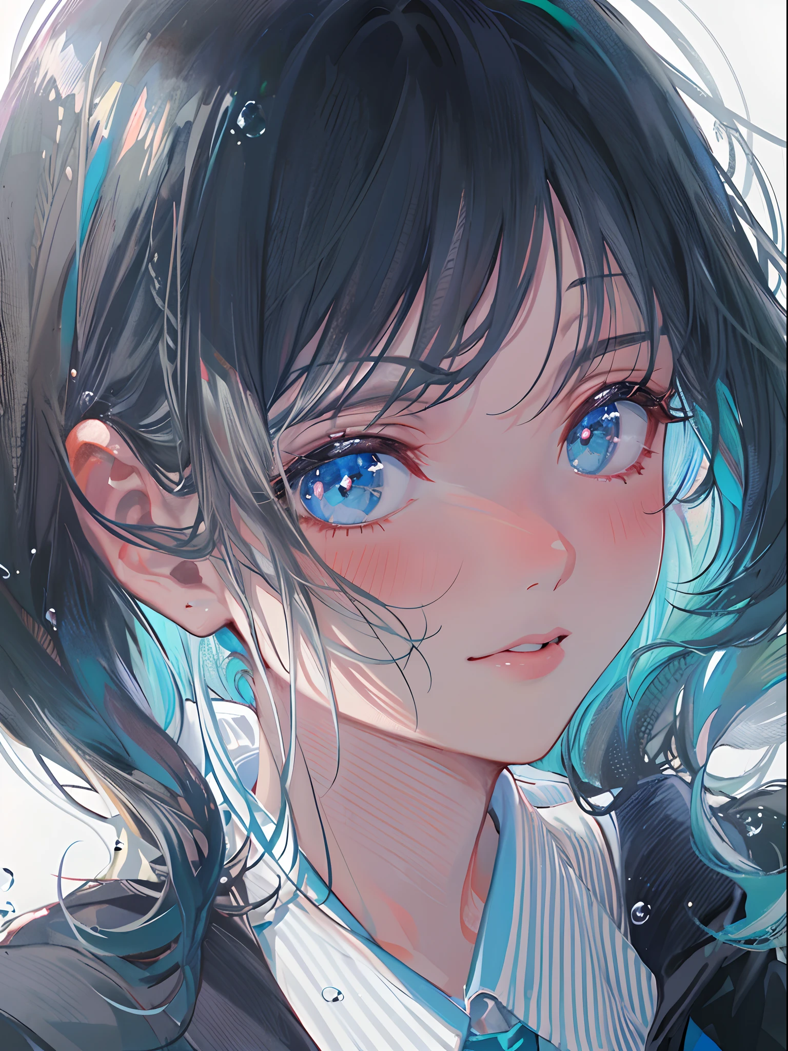 ((top-quality)), ((​masterpiece)), ((ultra-detailliert)), (extremely delicate and beautiful), girl with, 独奏, cold attitude,((Black jacket)),She is very(relax)with  the(Settled down)Looks,A dark-haired, depth of fields,evil smile,Bubble, under the water, Air bubble,bright light blue eyes,Inner color with black hair and light blue tips,Cold background,Bob Hair - Linear Art, a miniskirt、knee high socks、White uniform like school uniform、Light blue ribbon ties、Clothes are sheer、Hands in pockets、Ponytail hair