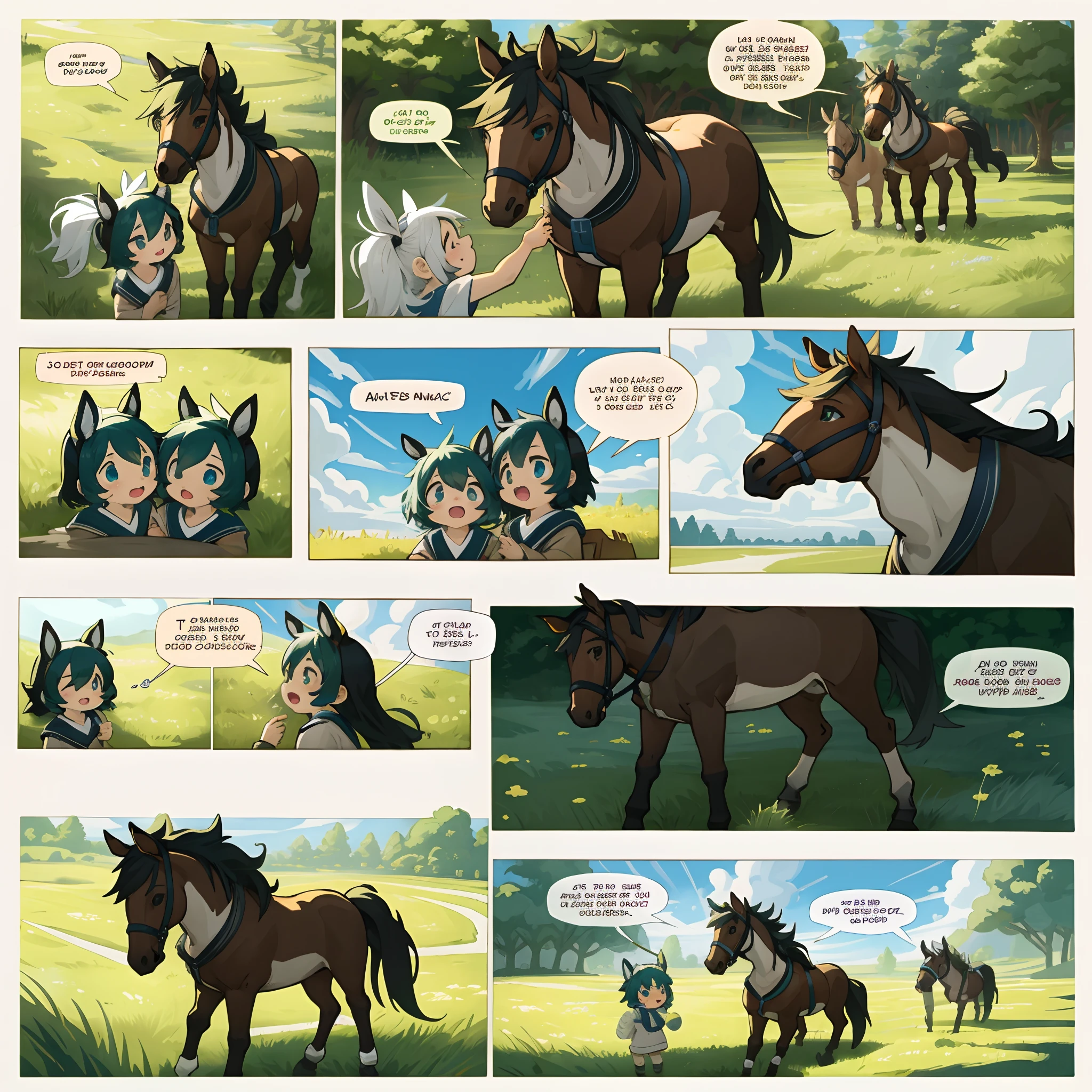 top quality, best quality, highres, masterpiece, super high resolution, detailed background, grass field(animal horse play with human children)petting, hug, biting, smile, joyful, chibi, absurdres(highly detailed beautiful face and eyes)perfect anatomy, good lighting, cinematic shadow, assorted expressions, assorted poses, assorted angles, full body, upper shot, dynamic angle(girls comic-like panel layouts, speech balloon, English text, Hand-drawn sound effects stickers used in girls comic),