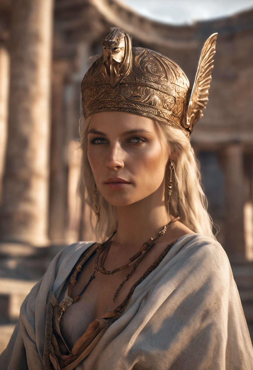 (Best Quality, 8K, masutepiece: 1.3), greek goddess, Blonde, hyper realistic photography, Shot with Sony A7iii camera, Focal length 24mm, Detailed skin, Real Skin, pores, greek clothes, the udder is not very covered,, medieval times, medium breasts, Big hips, Slim waist, Beautiful, Glamorous, enticing, Shapely, Curve, Long legs, high detailing, High Sharpness, Photos with depth, Detailed face, Detailed eyes, Short hair, Big Office, Charming smile, Stand at the ancient Roman Colosseum, epicd, myth, Drama, Neckband Jewelry, Wristband Jewelry, Unbuttoned blouse, Exposed cleavage