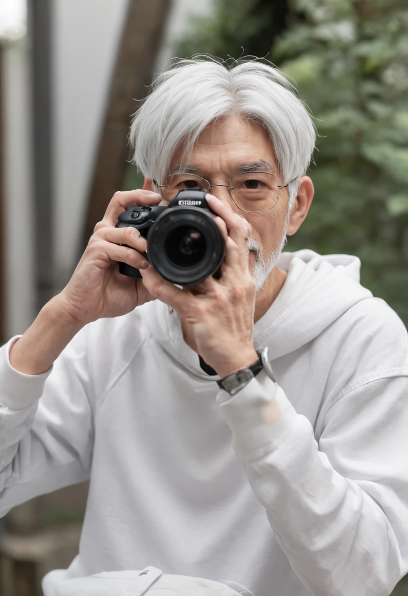 Gray-haired Japanese anime youth,Wearing VR glasses,, White hoodie, White shorts, No tattoos, Not bearded 16 years old