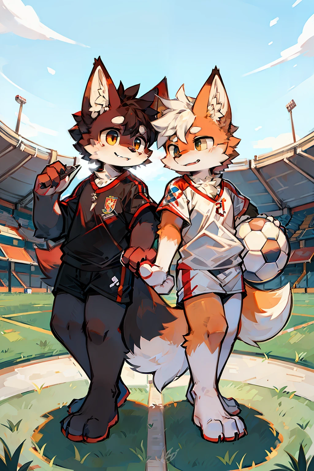 Two people,shaggy,soccer ball,White furry,red fox,soccer court,Fluffy tail