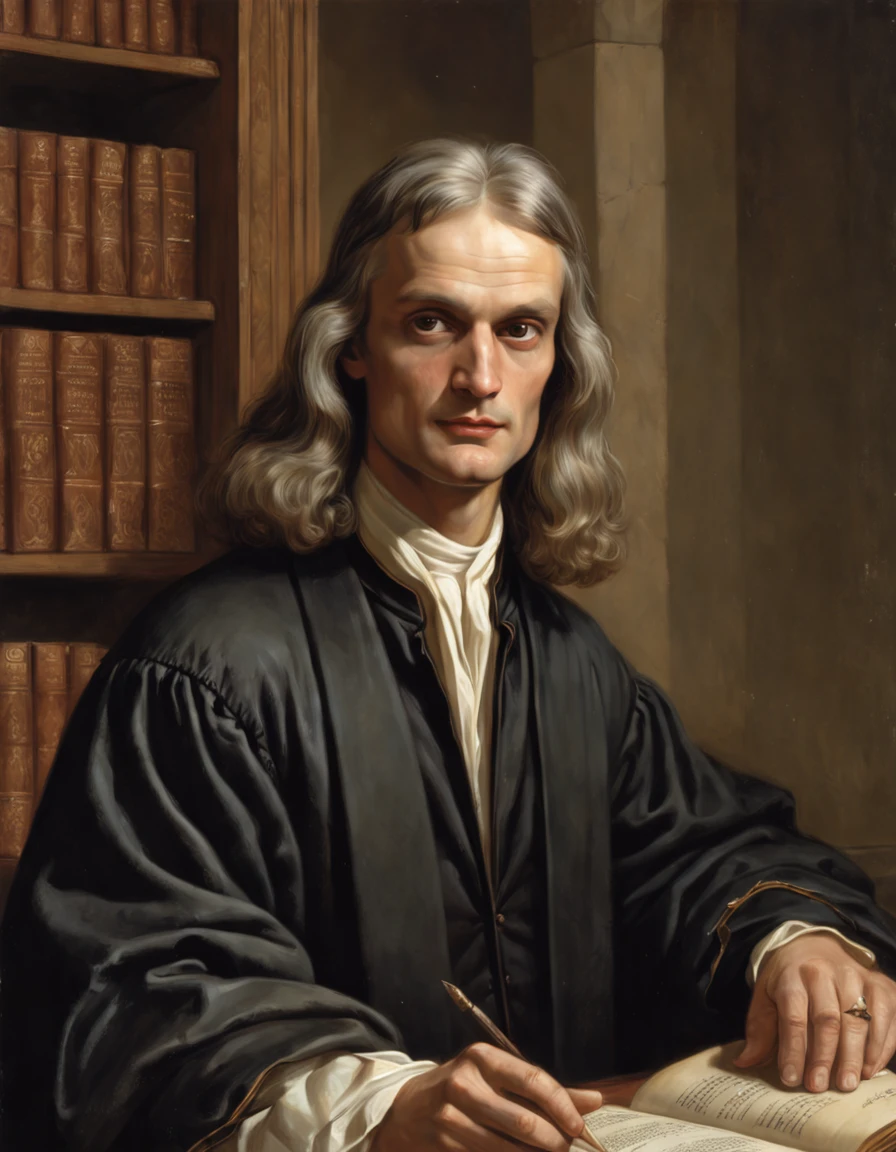 Pintura de Isaac Newton como um ((sacerdote)), ((Christian clothes)), Geometria sagrada, lamparinas, e com livro, (melhor qualidade), ((vista frontal)), arte Boris Vallejo, Syd Mead.