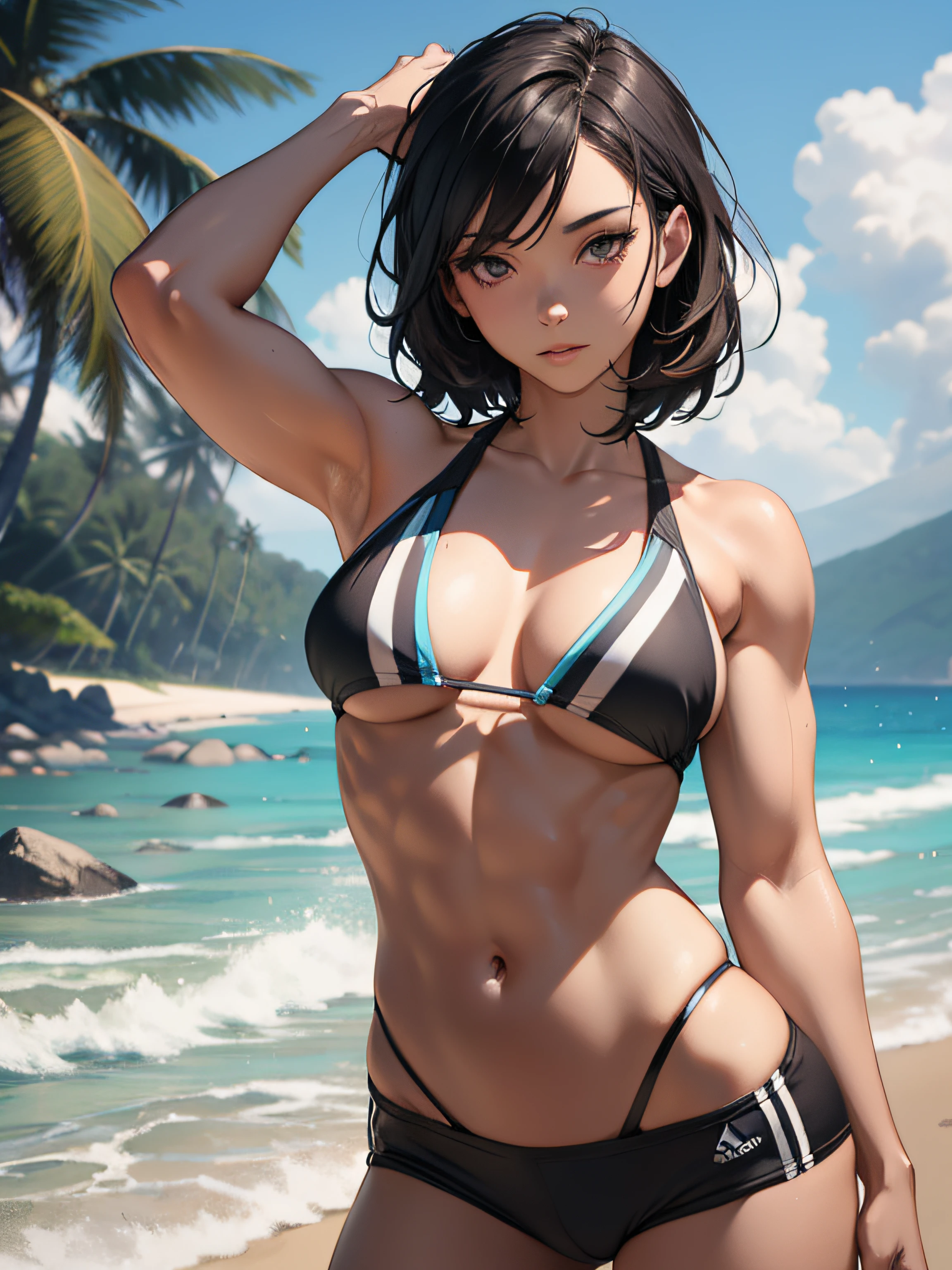 best quality, masterpiece, detailed, intricate, beautiful girl, muscular, sexy, tomboy, attractive, beautiful beach, aesthetic, artistic, cinematic, natural lighting, summer, Adidas logo