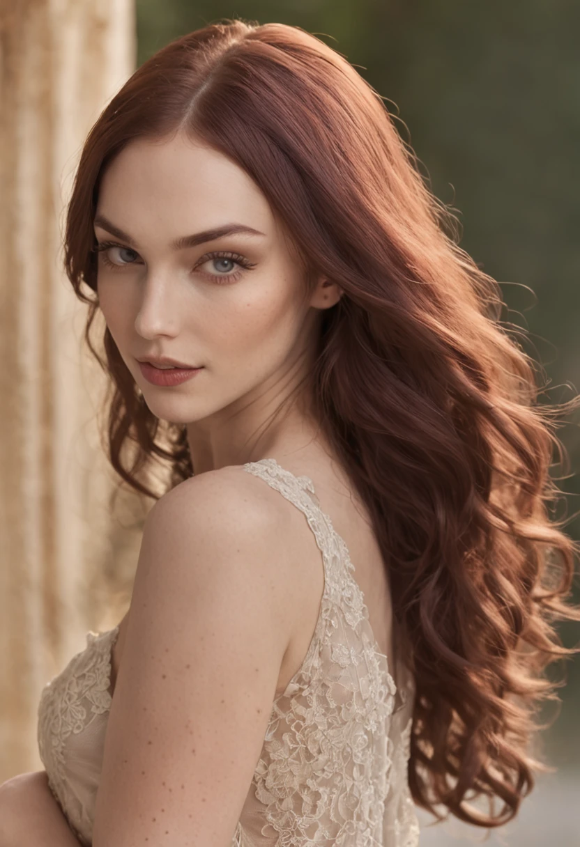 Please create a seductive full-body photo of a very pale 25-year-old woman. She is beautiful and sexy, She is the most beautiful woman in the world, (She looks like she is (Megan Fox and Zoe Deschanel and Sophie Turner)), com longo, Russet straight hair. Her eyes are blue, She has an angelic face. Her character is gentle and intellectual, And she's seductive. She wore a lace dress, cropped shoulders, A soft and sincere expression that exudes seduction. Please generate a real image of her, Capture all these details and features. Make sure the image conveys her essence as a seductive woman, jungles, prime time, Full view