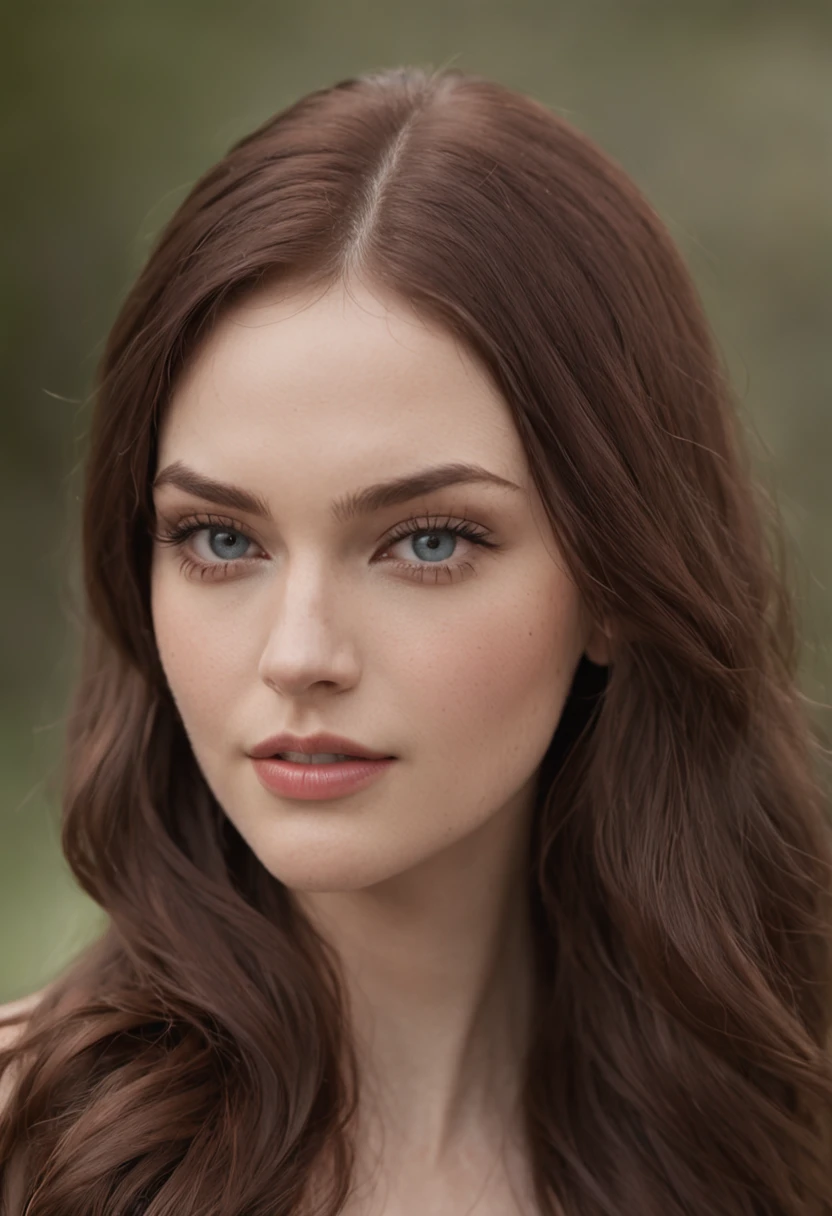 Please create a seductive full-body photo of a very pale 25-year-old woman. She is beautiful and sexy, She is the most beautiful woman in the world, (She looks like she is (Megan Fox and Zoe Deschanel and Sophie Turner)), com longo, Russet straight hair. Her eyes are blue, She has an angelic face. Her character is gentle and intellectual, And she's seductive. She wore a lace dress, cropped shoulders, A soft and sincere expression that exudes seduction. Please generate a real image of her, Capture all these details and features. Make sure the image conveys her essence as a seductive woman, jungles, prime time, Full view