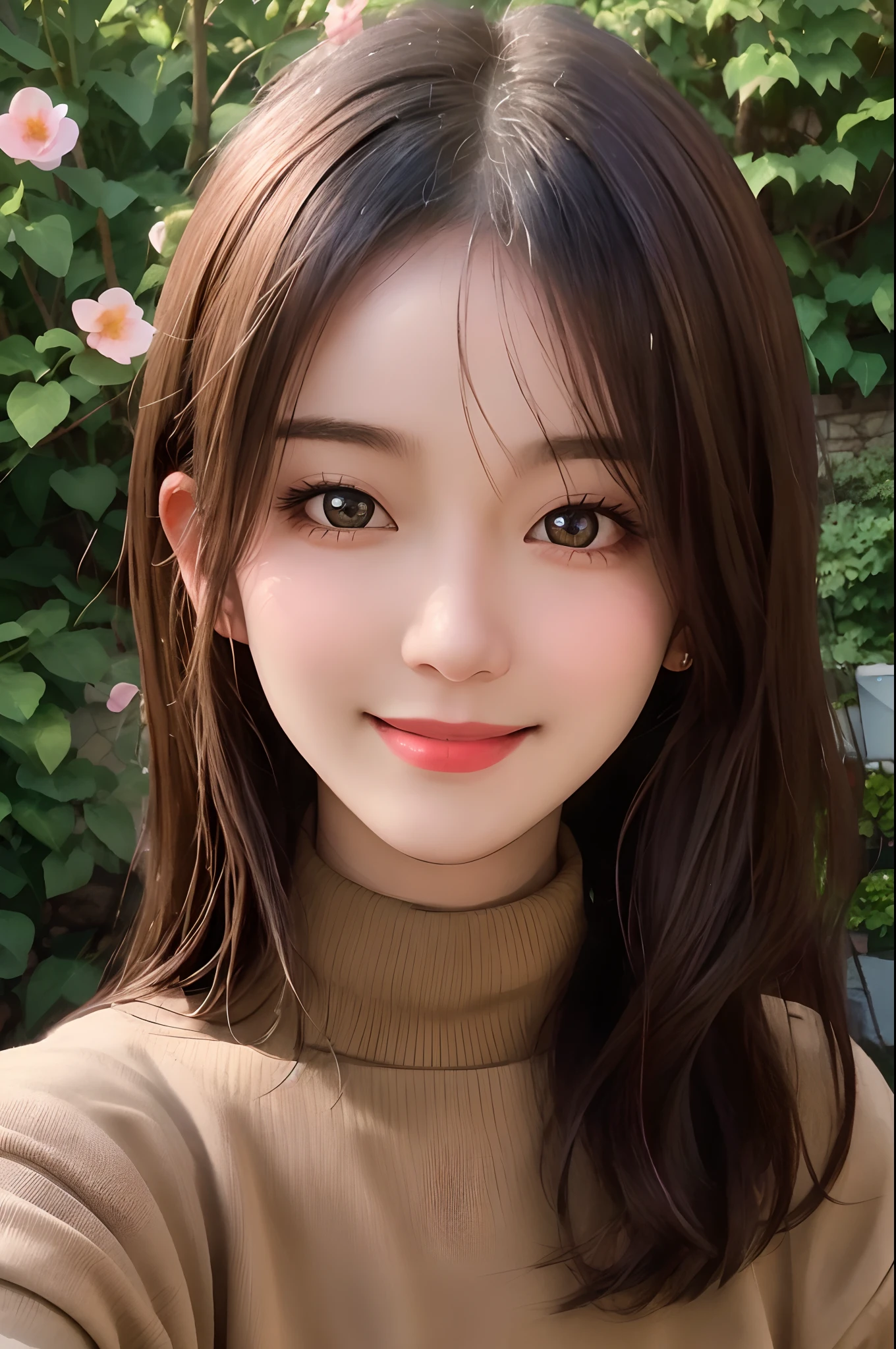 masterpiece,DSLR photo,analog style,nikon d5,real photo,a photo of a beautiful 20 year old woman,dramatic lighting (85mm),with Blooming garden in the background,(detailed facial features),(detailed shiny eyes),dynamic angle,Michelangelo style,long hair,turtleneck sweater,smiling face:1.4,