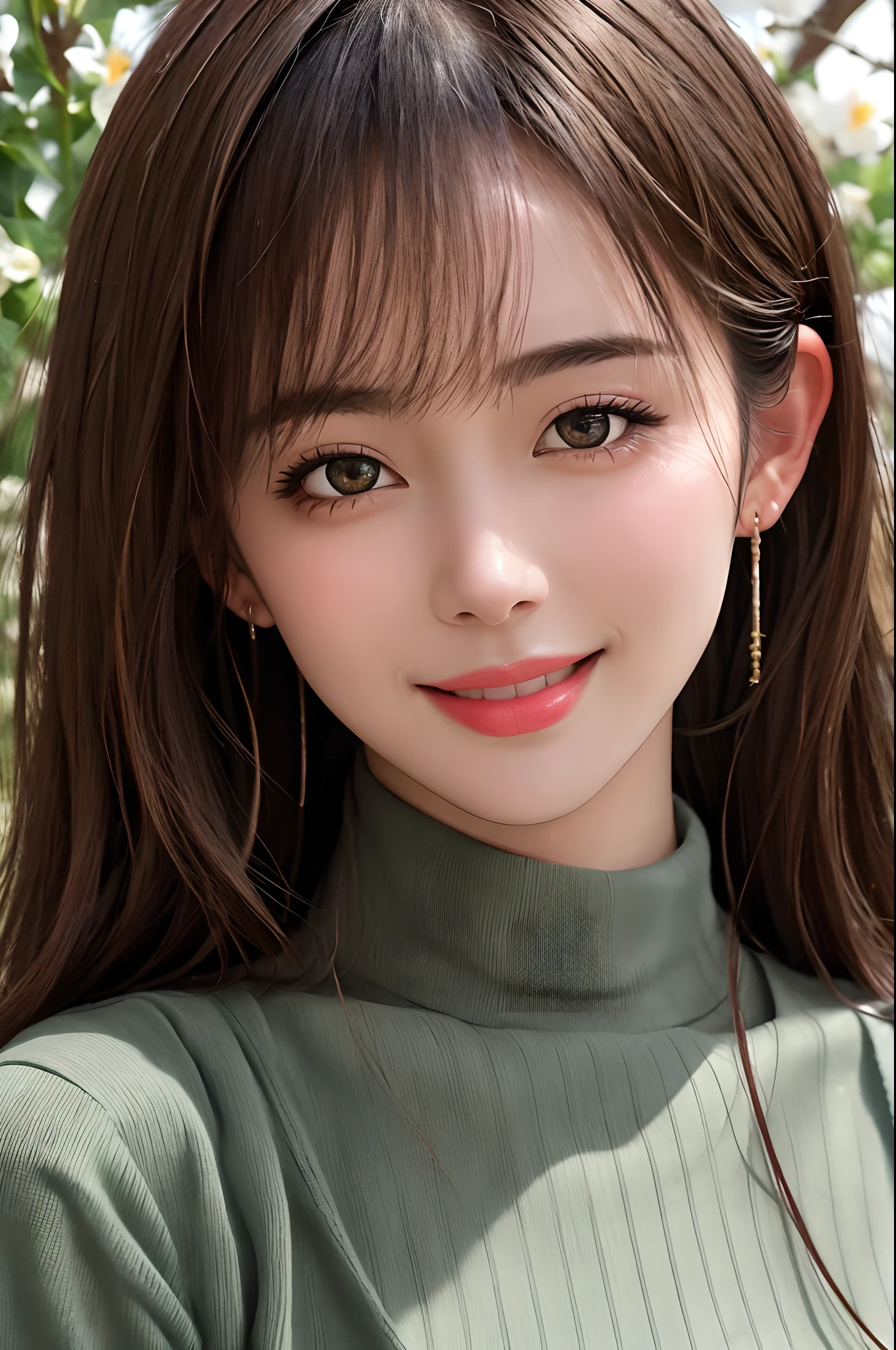 masterpiece,DSLR photo,analog style,nikon d5,real photo,a photo of a beautiful 20 year old woman,dramatic lighting (85mm),with Blooming garden in the background,(detailed facial features),(detailed shiny eyes),dynamic angle,Michelangelo style,long hair,turtleneck sweater,smiling face:1.4,