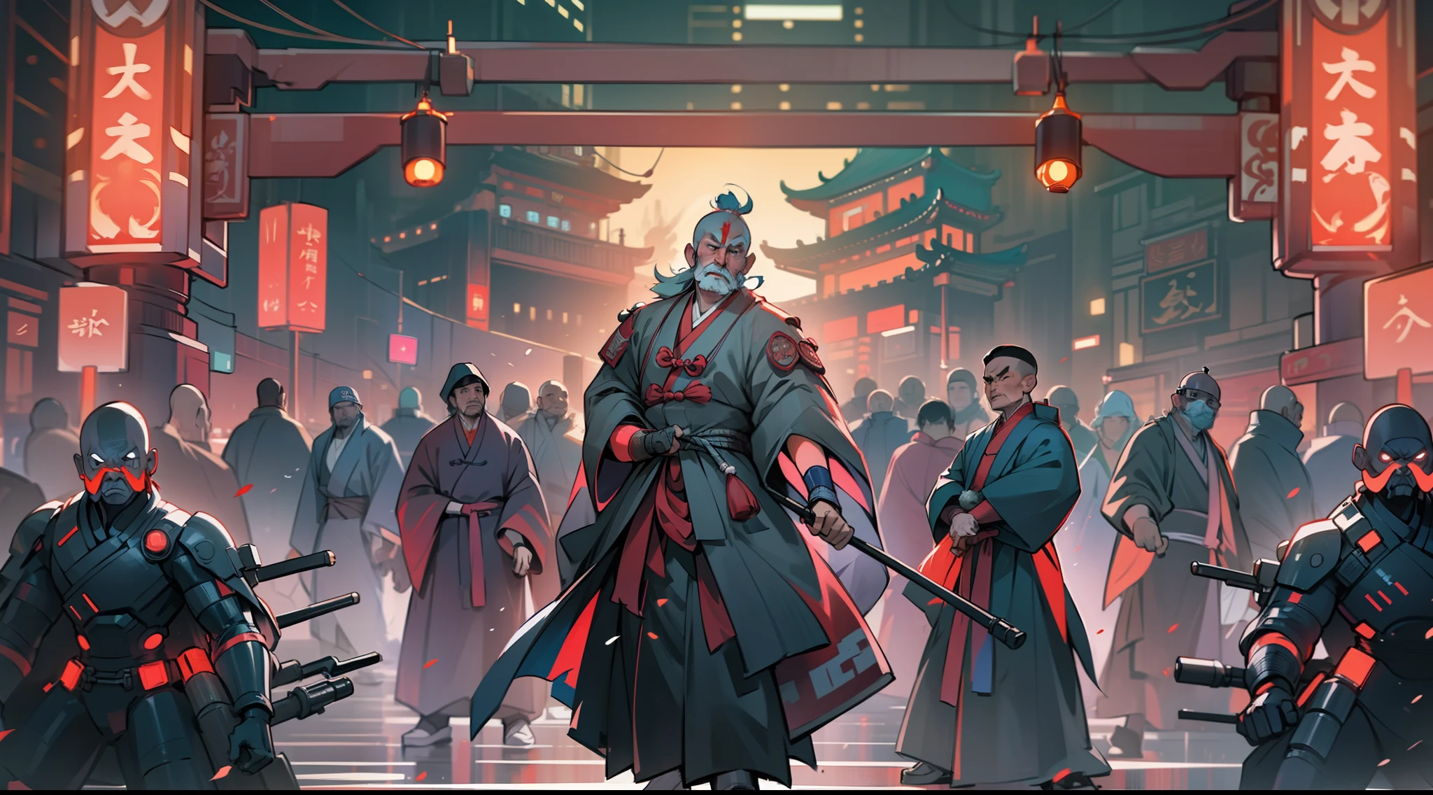 A traditional Chinese monk man is in a fighting stance waiting to be attacked by his enemies, he is surrounded by enemies, he is in a futuristic Chinese cyberpunk city, dusk, bright lights, dynamic composition, volumetric lights, ultra definition, ultra resolution, masterpiece, intricate details, wide angle camera