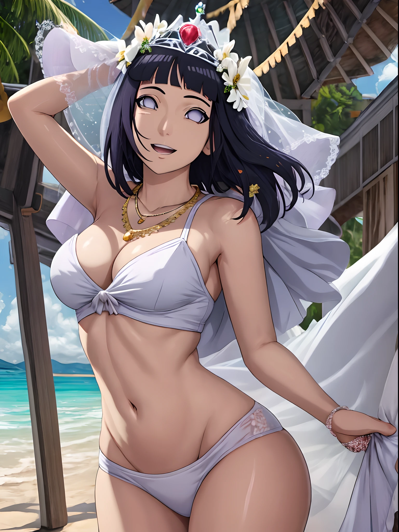 (WALLPAPER, (hinata\(boruto\), masterpiece, 4k, vector coloring, whole body shot, contrast lighting, mature female, (curvy:0.8), solo, anime style, sharp focus, professional artwork, intricate details, detailed beach background, colorful, vibrant colors, vivid colors, digital blending, ultra detailed body, ultra detail hair, ultra detail face, trending on pixiv, very hot colors, sunny day, outdoor, detailed bold arm lines, high color saturation, bold lines, bold drawing lines),
(standing, open mouth, kind smile, extremely happy, goodbye, sexy pose),
((dark blue hair color:1.1), wavy hair, ((short hair, hime cut)),
(perfect eyes, white sciera, bright eyes, white eyes, anime eyes, smoky eyeliner, eyeshadow)
(white skin, slender body, milf, navel, groin, flat belly, perfect face, perfect thighs),
(Thighs, legs, big breasts, perky boobs, off-shoulders, (groin, detailed shoulders),
(almost naked, bare chest, bare shoulders, bare hands, bare legs),
(all cloth is white, white dress, wedding veil, white flower wedding tiara, gold necklace)