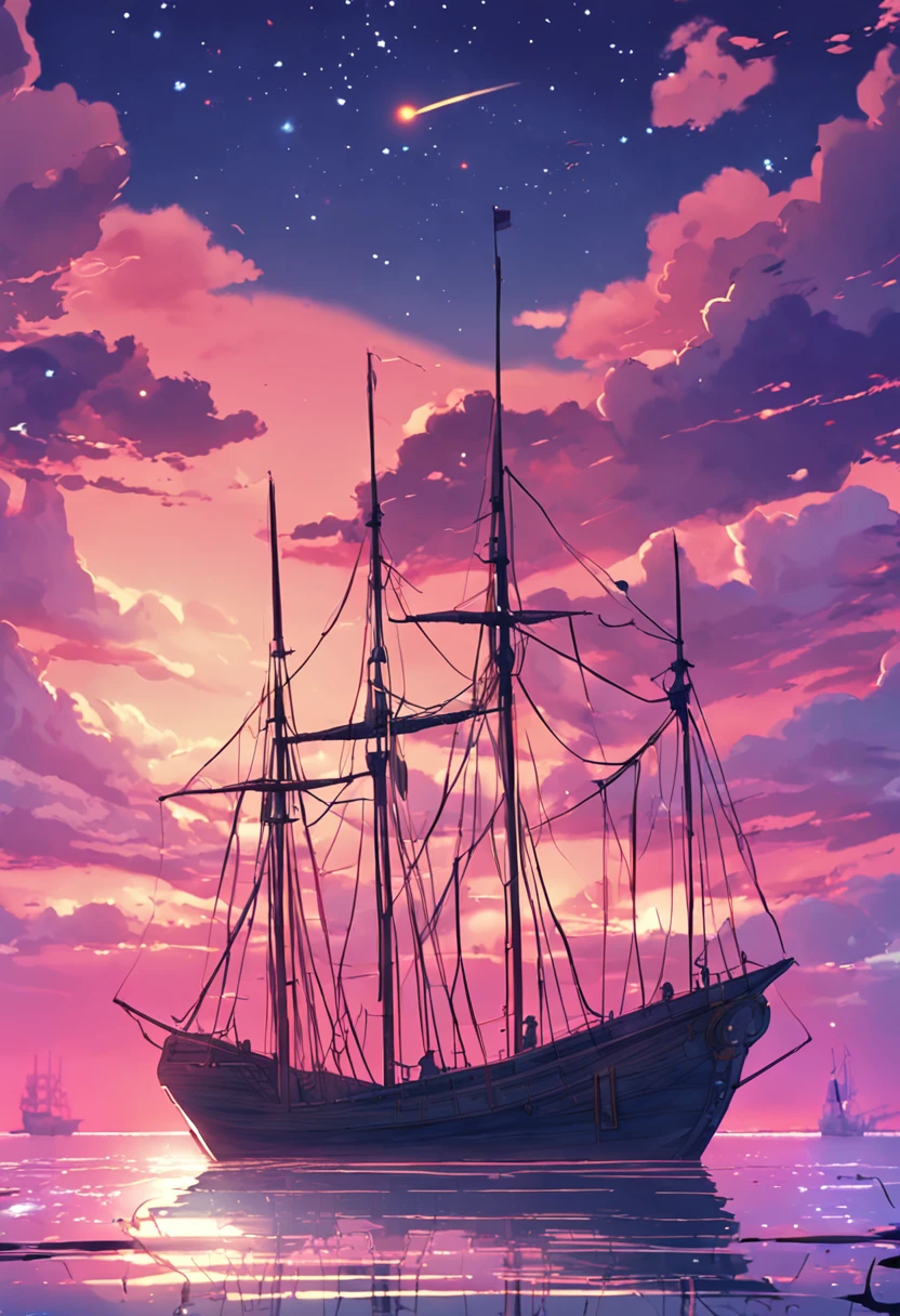anime scene of a Portuguese caravel sailing under a blue and purple sky, um desenho de anime de Makoto Shinkai, Trend in Pixiv, magic realism, bela cena de anime, cosmic skies. por makoto shinkai, ( ( makoto shinkai ), por makoto shinkai, arte de fundo anime, estilo de makoto shinkai