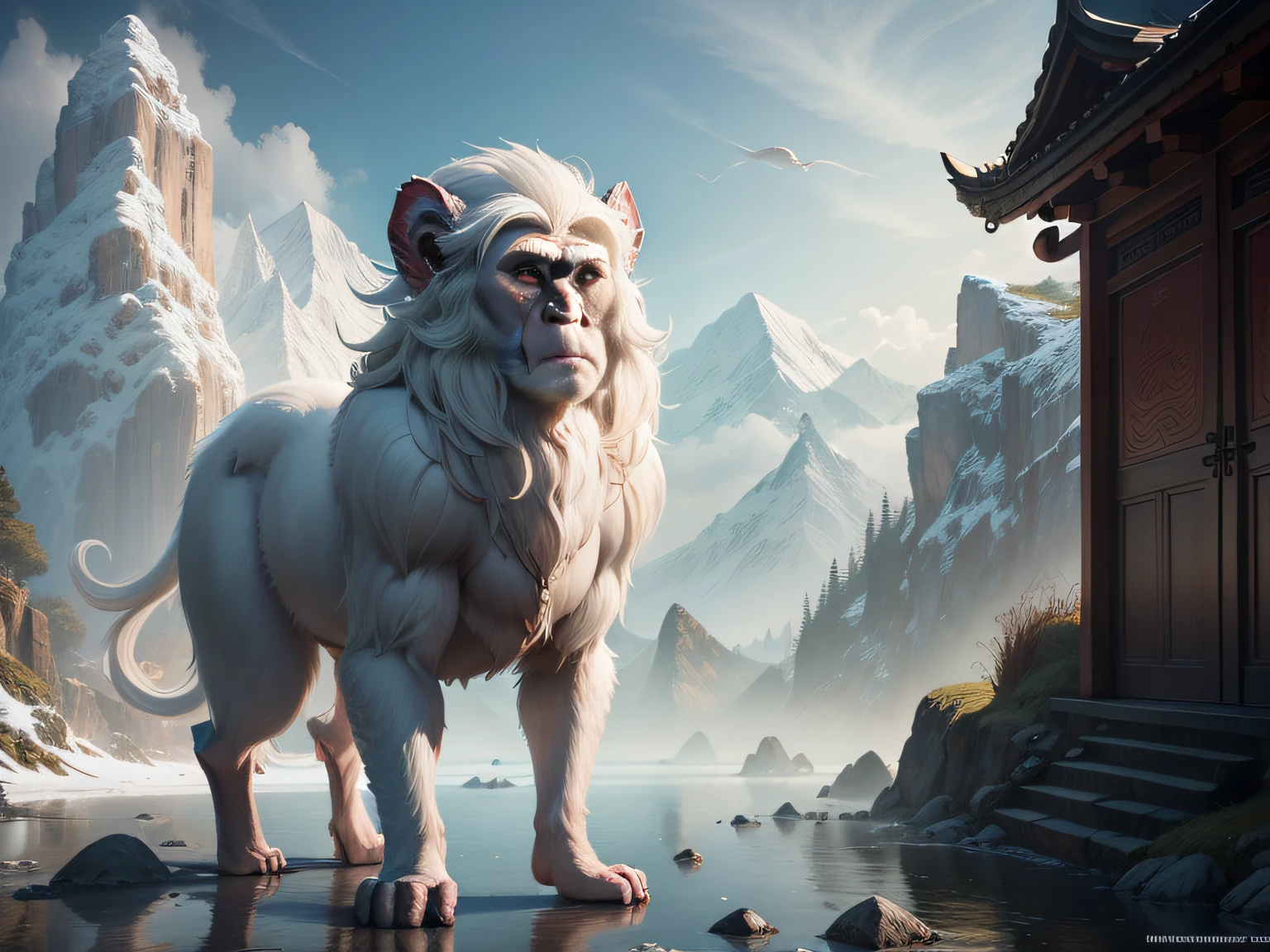 tmasterpiece,A high resolution,3D,CG animation,exteriors,Chinese mythology and stories,Inspired by the Classic of Mountains and Seas,Mountain and sea scripture mythical beast macaque,(White ears)of macaques,,Human face