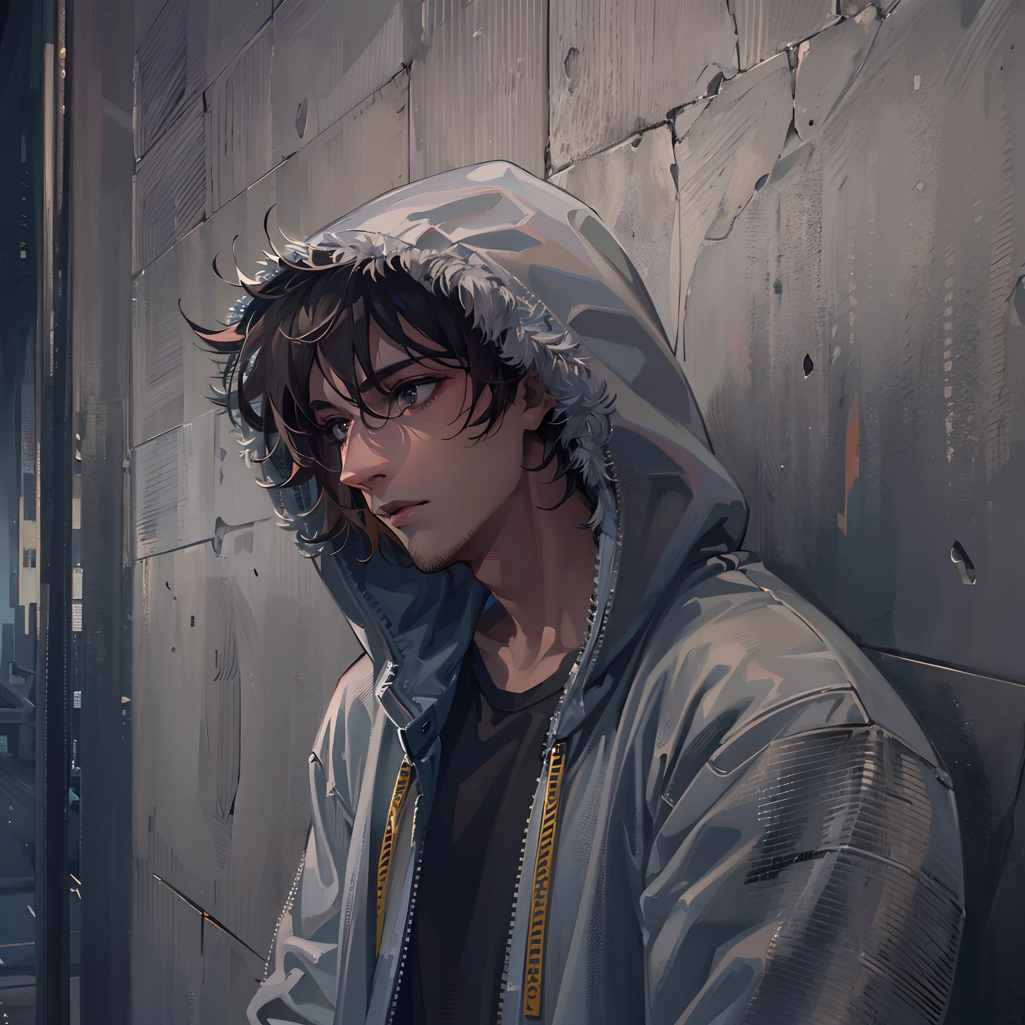 ((top-quality)), ((masterpiece)), ((ultra-detailliert)),(8k wallpaper:1.2),(Ultra-high resolution:1.2),(masterpiece:1.1),wallpaper,High quality,masterpiece,(High detail),1man, handsome, leaning against a wall, wearing a hoodie,