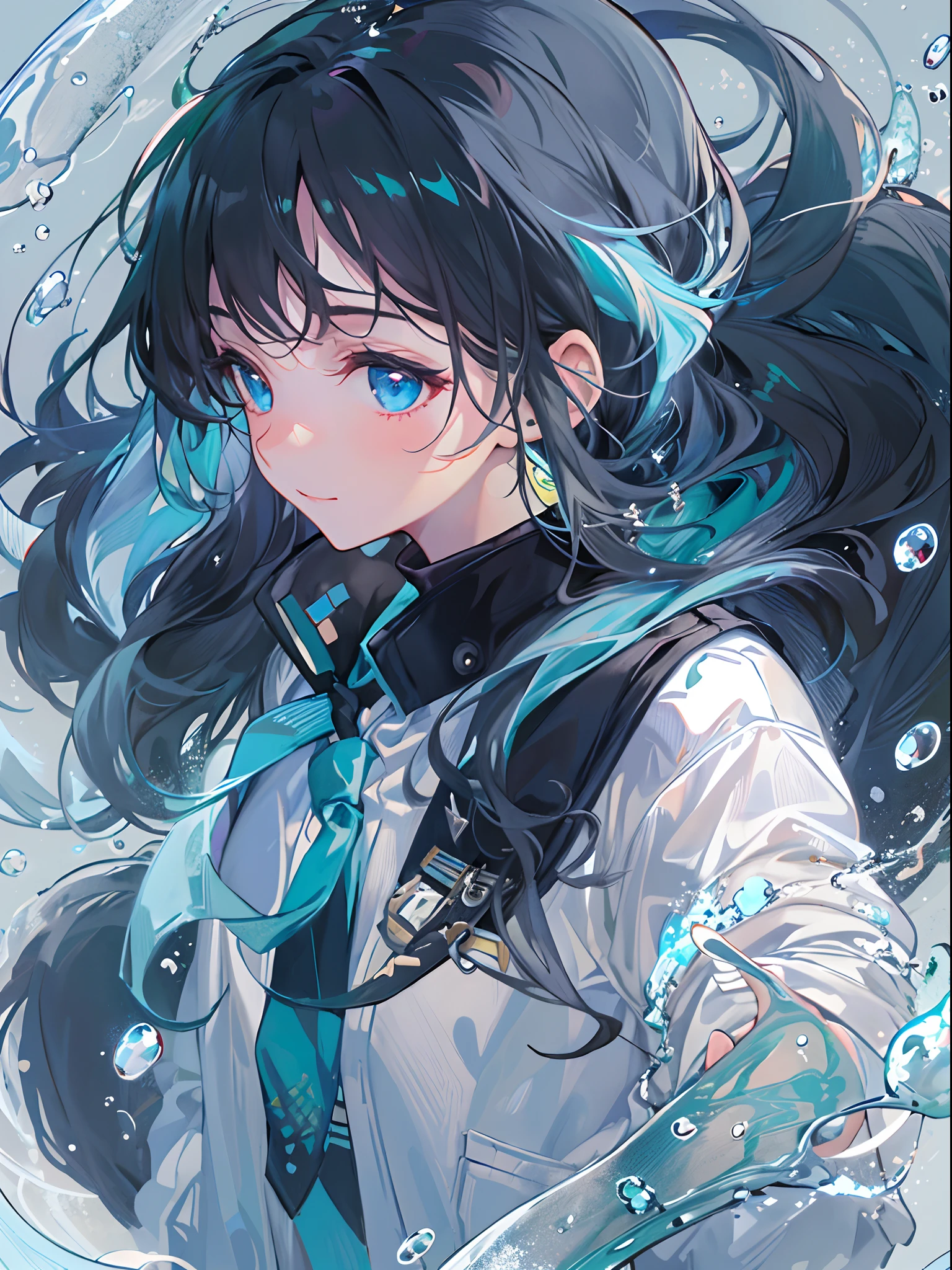 ((top-quality)), ((​masterpiece)), ((ultra-detailliert)), (extremely delicate and beautiful), girl with, 独奏, cold attitude,((Black jacket)),She is very(relax)with  the(Settled down)Looks,A dark-haired, depth of fields,evil smile,Bubble, under the water, Air bubble,bright light blue eyes,Inner color with black hair and light blue tips,Cold background,Bob Hair - Linear Art, shortpants、knee high socks、White uniform like school uniform、Light blue ribbon ties、Clothes are sheer、Hands in pockets、Ponytail hair