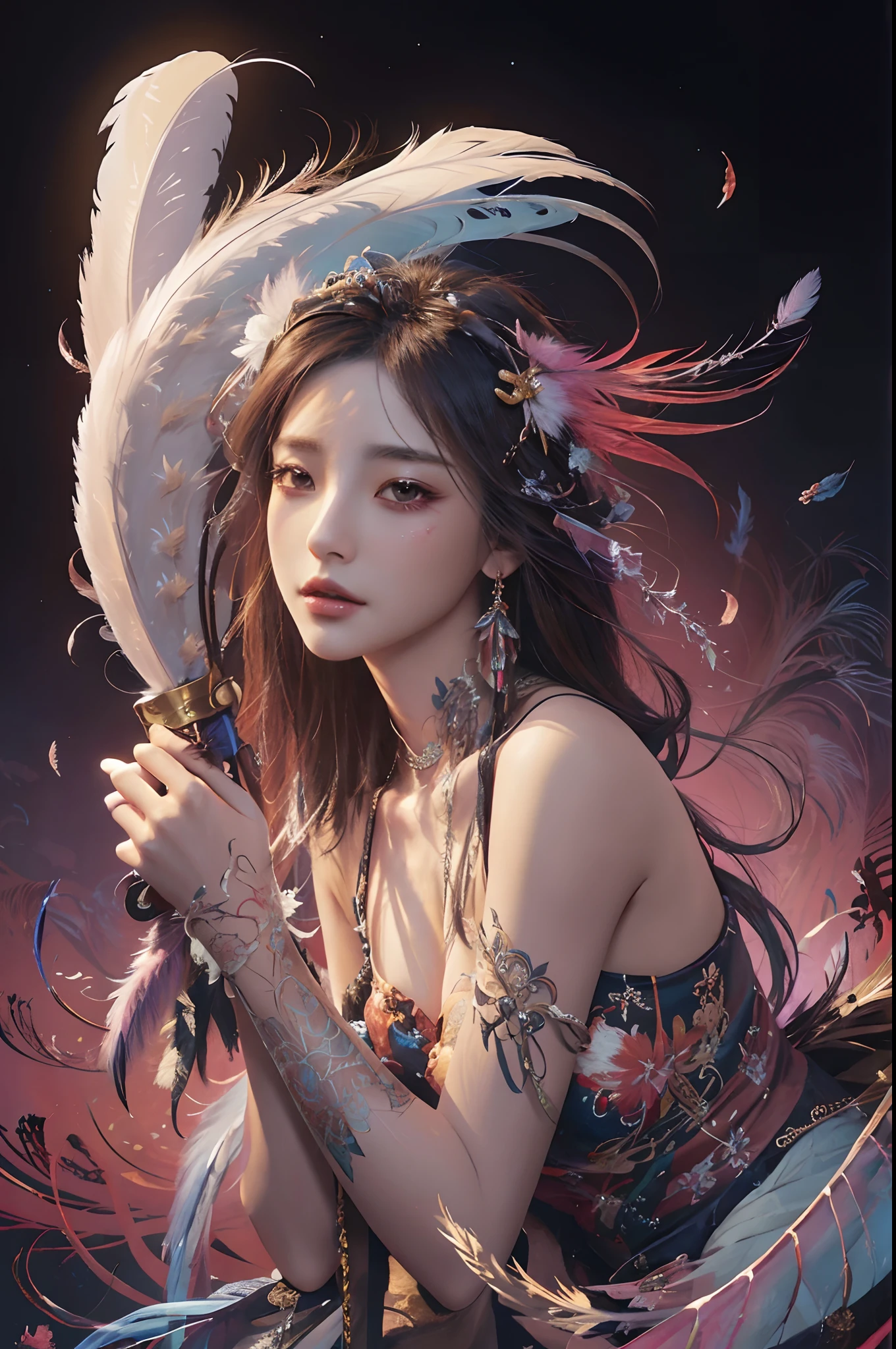 Longing for woman with feathers and feathered hats and swords, Beautiful character painting, Beautiful digital artwork, Fantasy art style, by Yang J, digital fantasy art ), Ross Tran 8 K, 8K high quality detailed art, A beautiful artwork illustration, beautiful digital art, Beautiful digital illustration, beautiful fantasy art, Guviz-style artwork
