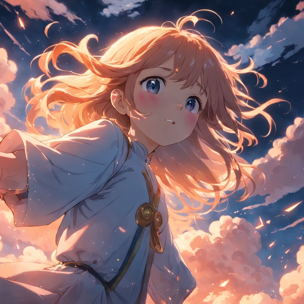 masterpiece, best quality, movie still, 1girl, cloud girl, floating in the sky, close-up, bright, happy, warm soft lighting, sunset, (sparks:0.7)