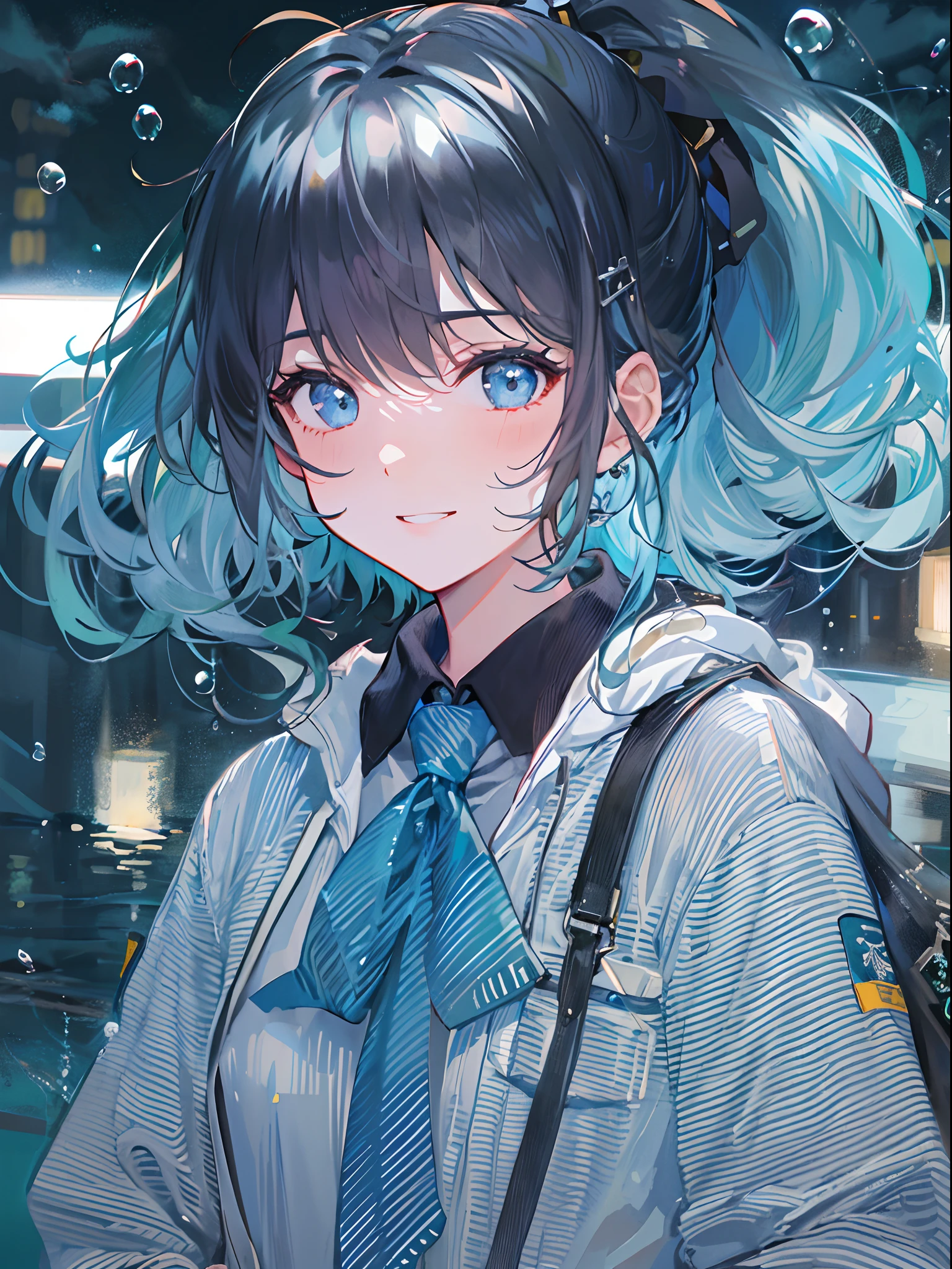 ((top-quality)), ((​masterpiece)), ((ultra-detailliert)), (extremely delicate and beautiful), girl with, 独奏, cold attitude,((Black jacket)),She is very(relax)with  the(Settled down)Looks,A dark-haired, depth of fields,evil smile,Bubble, under the water, Air bubble,bright light blue eyes,Inner color with black hair and light blue tips,Cold background,Bob Hair - Linear Art, shortpants、knee high socks、White uniform like school uniform、Light blue ribbon ties、Clothes are sheer、Hands in pockets、Ponytail hair