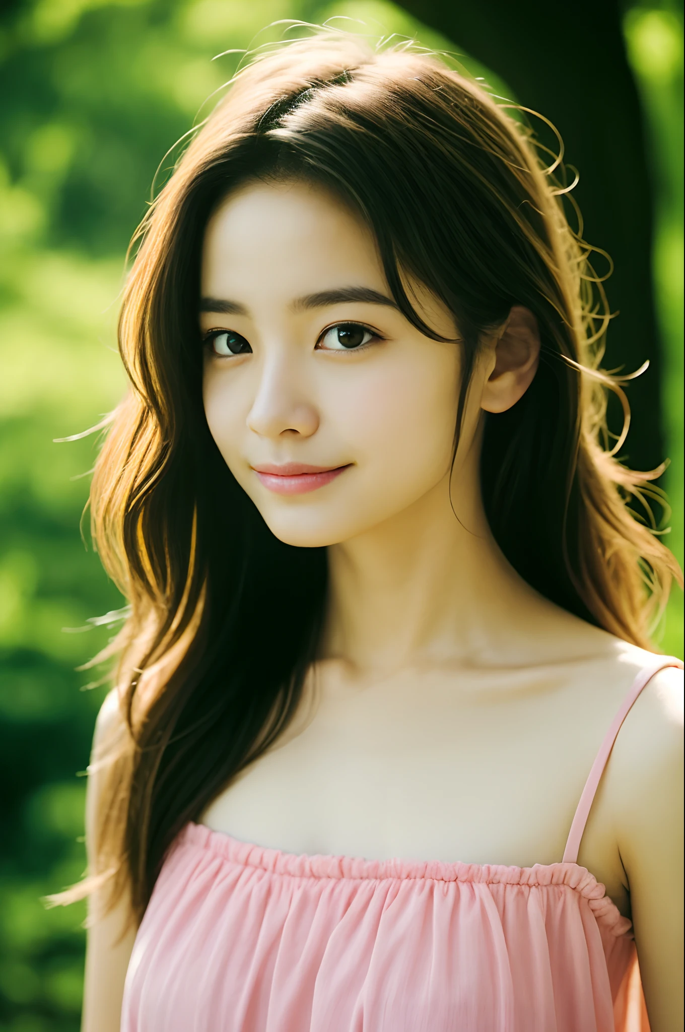 Film Portrait Photography, 1girl in, Bare shoulders, Wavy shoulder-length hair, Serene, Calm, (Realistic detailed eyes, Natural Skin Texture, Realistic face details), Soft dramatic lighting, depth of fields, Bokeh, vibrant detail, Finely detailed, hyper realisitic, 35mm Film, Hazy blur, filmg,Shy smile, Dancing, Pink summer dress, vibrant forest