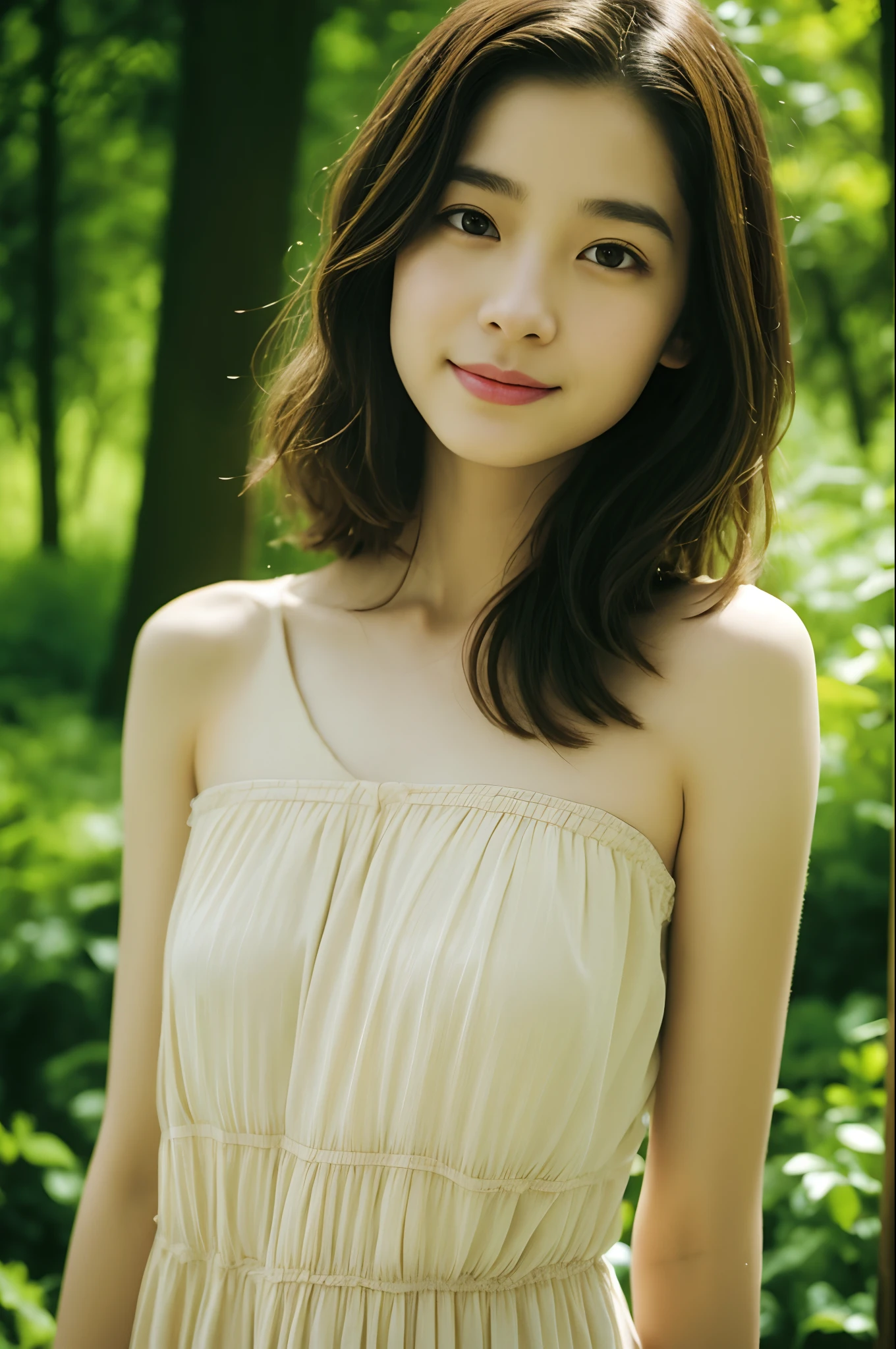 Film Portrait Photography, 1girl in, Bare shoulders, Wavy shoulder-length hair, Serene, Calm, (Realistic detailed eyes, Natural Skin Texture, Realistic face details), Soft dramatic lighting, depth of fields, Bokeh, vibrant detail, Finely detailed, hyper realisitic, 35mm Film, Hazy blur, filmg,Shy smile, Dancing, Pink summer dress, vibrant forest