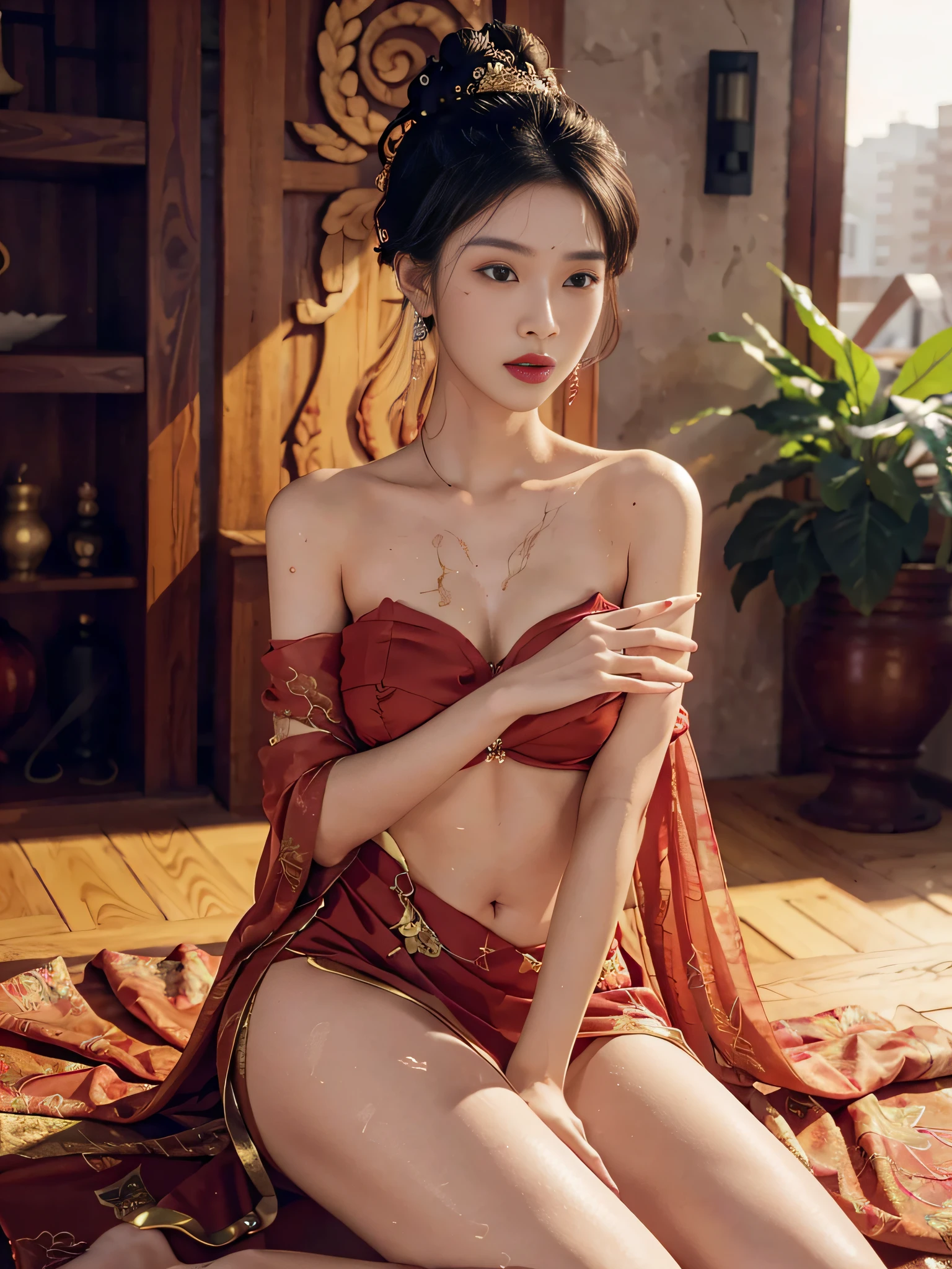 Very detailed CG unity 8k wallpaper，（tmasterpiece），（best qualtiy），（ultra - detailed），（Ultra photo realsisim），（best character detail：1.36），Nikon D750 f / 1.4 55mm，dynamic angle，profesional lighting，photon maping，Radio City, physically-based renderingt, exteriors, busy street, looking at viewert, Be red in the face, 1girl, a matural female, A , the golden ratio,(Kpop idol),(Oil skin:1.2),(Oil skin:1.1), makeup,[:(high detailed face:1.2):0.2]:,PureErosFace_v1, ((Curly black hair and sophisticated style)),(aegyo sal:1),(puffe),(eyeslashes:1.1), (cparted lips:1.1),red lipsticks,broad shoulder,(Bigchest:1.1),(cleavageised sexy，Drenched，cred shoulders，Bare belly,(big assa:1.2),show legseer silk gauze dress,Naked，ssee-through,, fodyesbian, jewelry, Solo, Earrings, (Tuesday: 1.3), Blurry, Realistic, Lips, Dunhuang style, (zentangle: 1.2), (flower: 1.4), Big breasts, Navel appearanig, Ancient