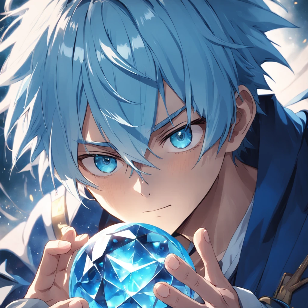 Light blue hair，Deep golden pupils，Dream uniform，A sweet and handsome boy, Holding his magic blue crystal in his hand, high resolution, 4K，Handsome