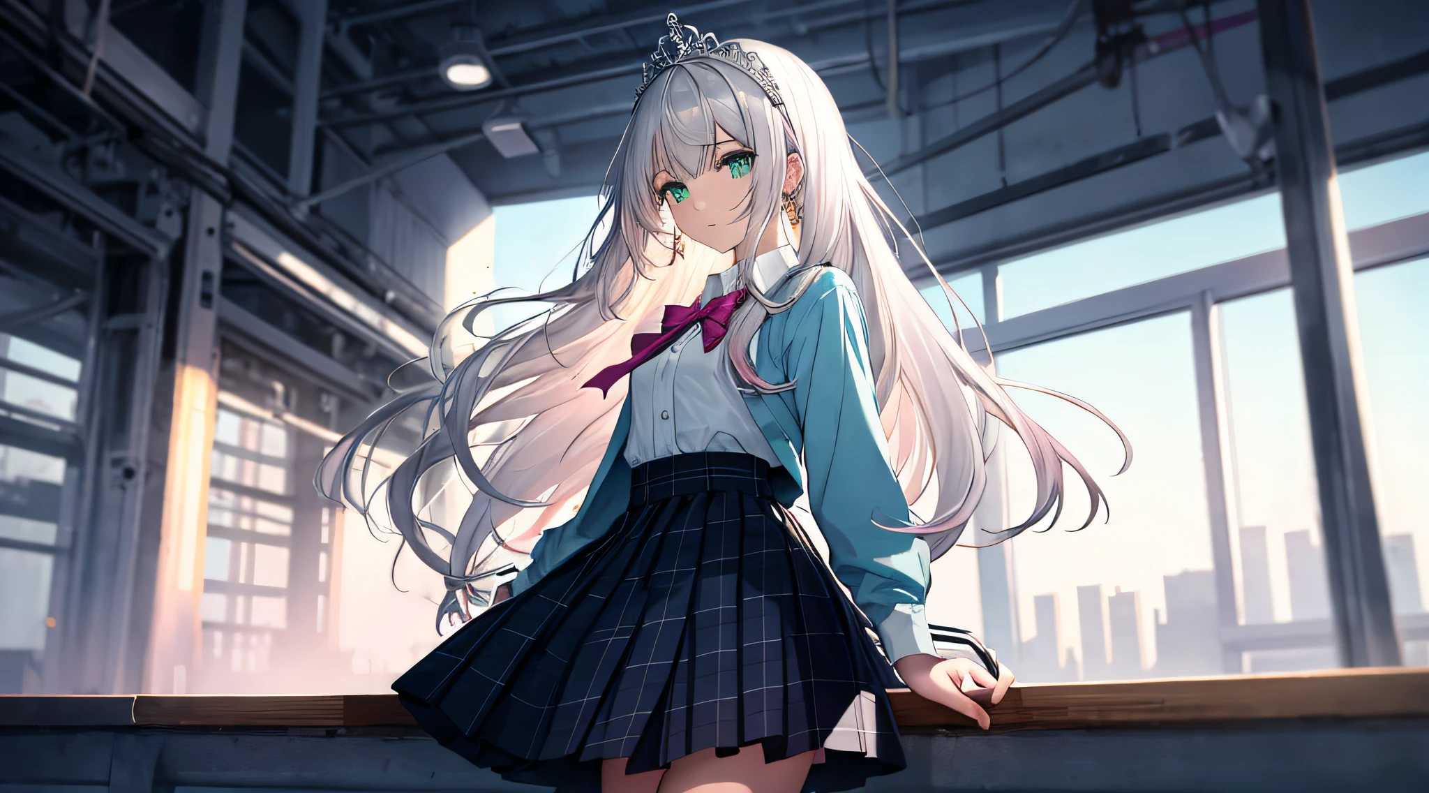 1girl, (masterpiece:1.1), (best quality:1.1), (white blouse:1.1), (checkered skirt:1.1), school uniform, high-waist skirt, BREAK [blue:pink:0.5] theme, (gradient background:1.1), cowboy shot, BREAK silver hair, long hair, , green eyes, intricate detailed tiara, looking to the side,