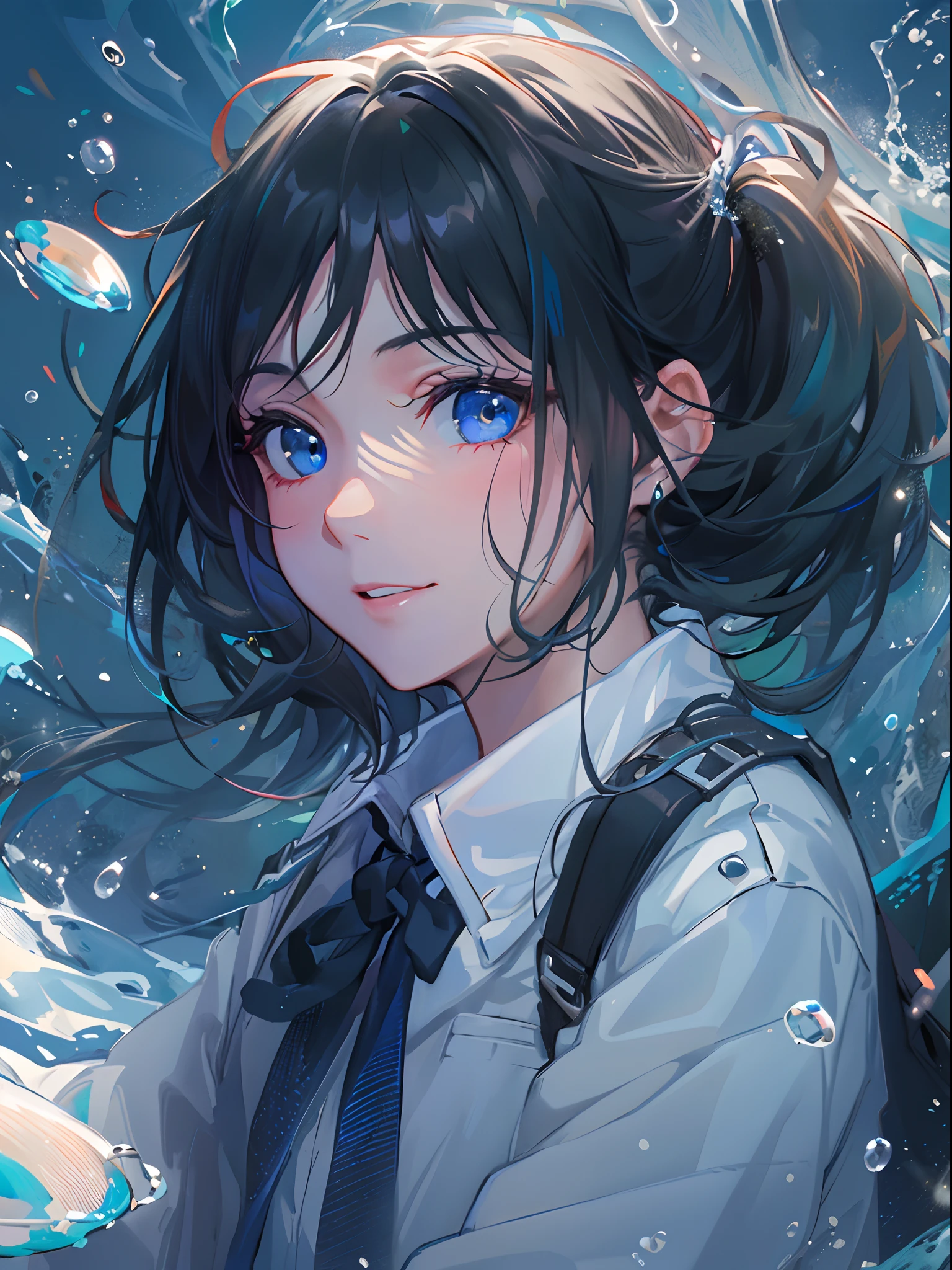 ((top-quality)), ((​masterpiece)), ((ultra-detailliert)), (extremely delicate and beautiful), girl with, 独奏, cold attitude,((Black jacket)),She is very(relax)with  the(Settled down)Looks,A dark-haired, depth of fields,evil smile,Bubble, under the water, Air bubble,bright light blue eyes,Inner color with black hair and light blue tips,Cold background,Bob Hair - Linear Art, shortpants、knee high socks、White uniform like school uniform、Light blue ribbon ties、Clothes are sheer、Hands in pockets、Ponytail hair