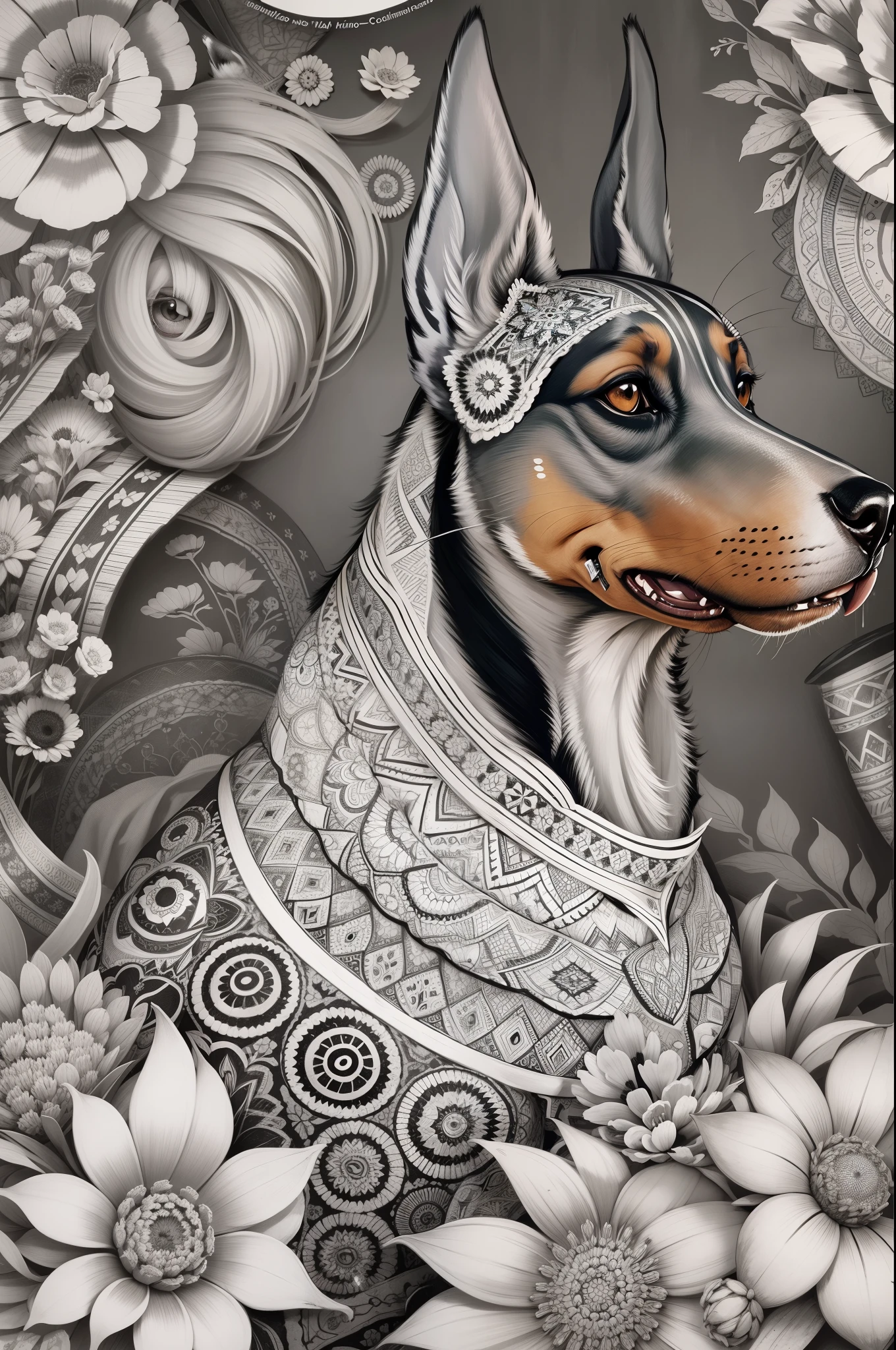 Doberman for a coloring, linhas em negrito, linhas escuras, estilo mandala, simetrico, fundo branco, Arte de linha limpa, arte de linha fina, preto e branco, colorir