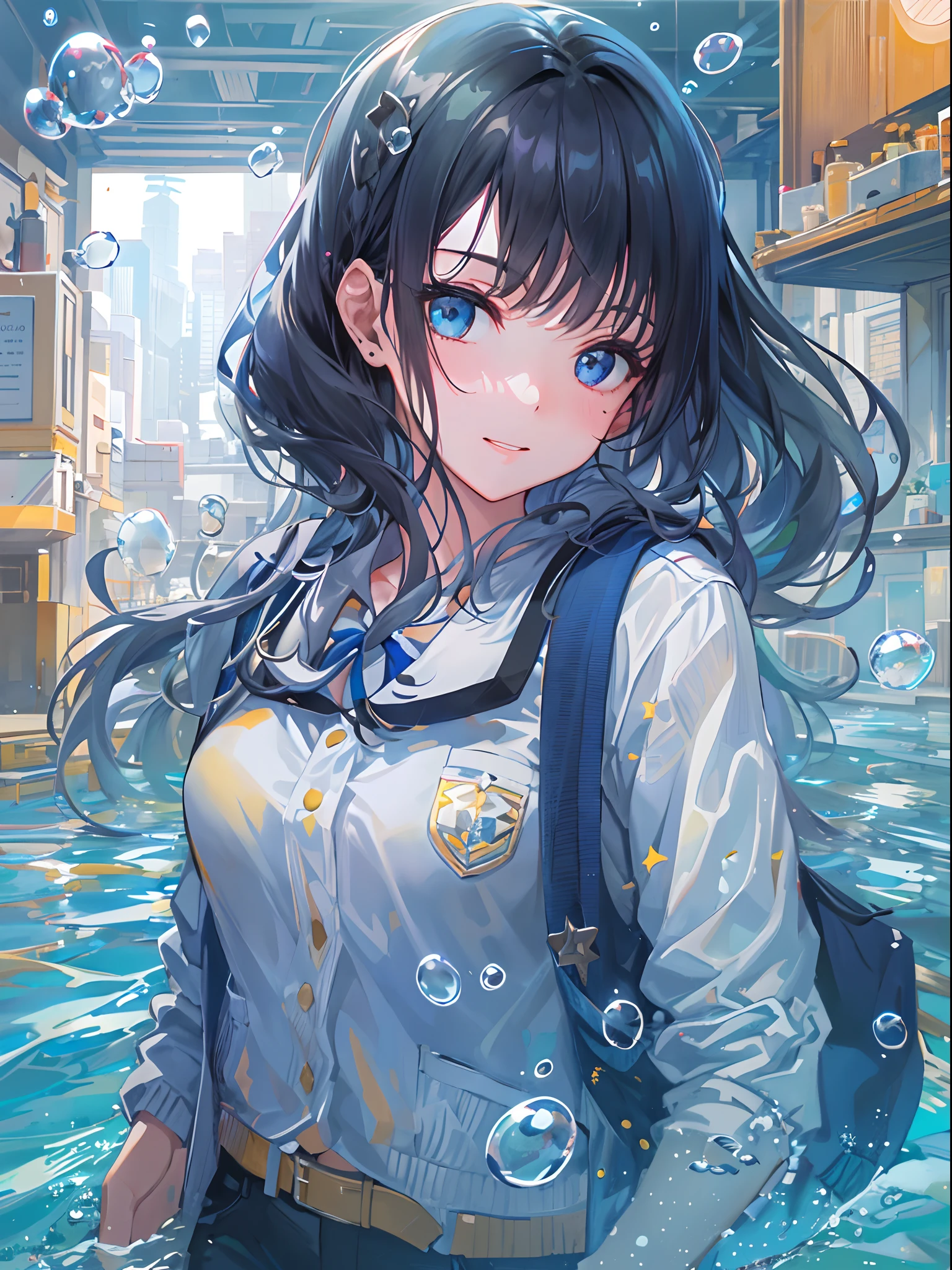 ((top-quality)), ((​masterpiece)), ((ultra-detailliert)), (extremely delicate and beautiful), girl with, 独奏, cold attitude,((Black jacket)),She is very(relax)with  the(Settled down)Looks,A dark-haired, depth of fields,evil smile,Bubble, under the water, Air bubble,bright light blue eyes,Inner color with black hair and light blue tips,Cold background,Bob Hair - Linear Art, shortpants、knee high socks、White uniform like school uniform、Light blue ribbon ties、Clothes are sheer、Hands in pockets、Ponytail hair