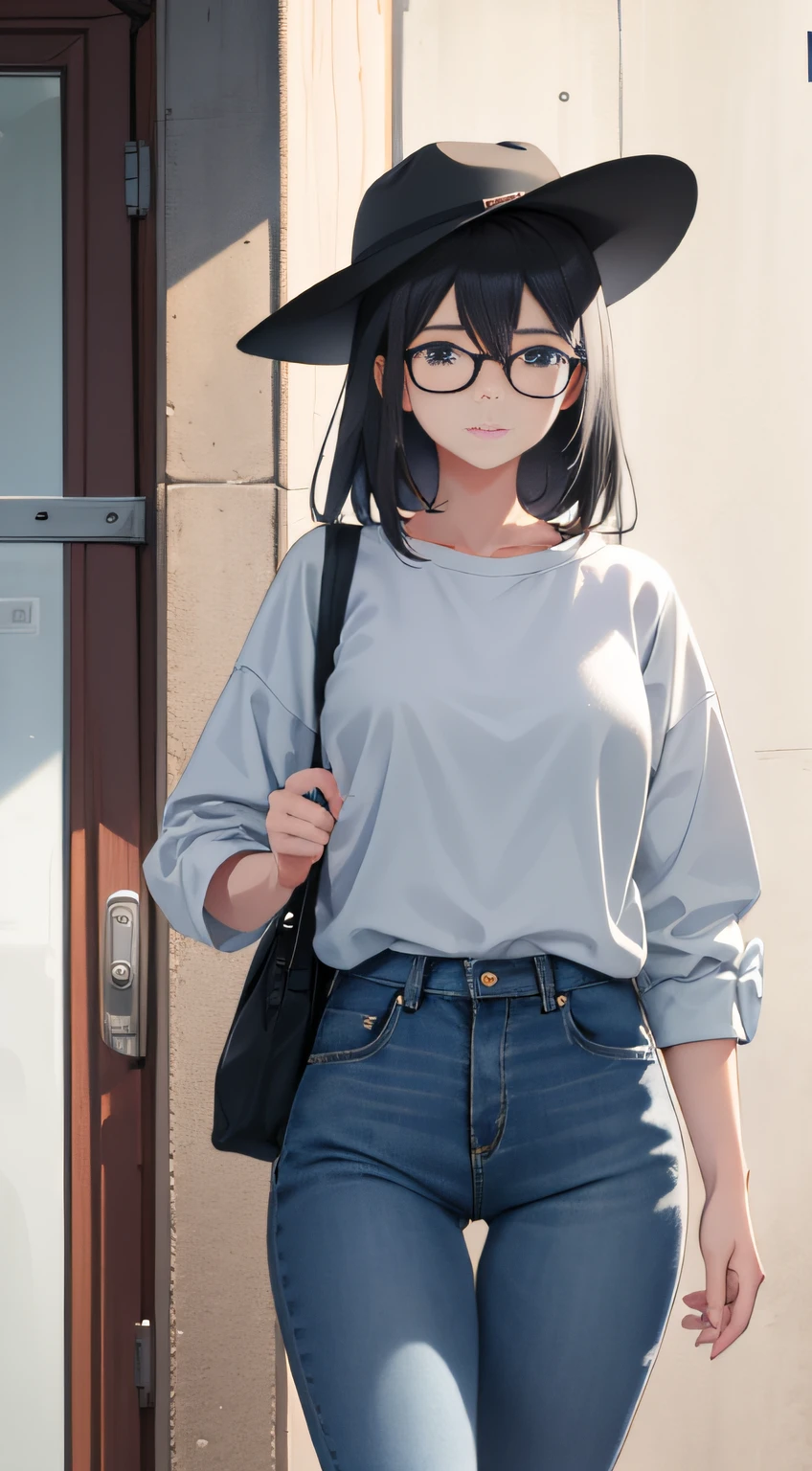 A delightful scene comes to life, featuring a young girl with black hair who wears a short-brimmed fishing hat, jeans, and glasses. Her choice of attire reflects a blend of practicality and personal style. The short-brimmed fishing hat adds a touch of character while offering shade. Her glasses speak to her intellectual interests, while her jeans provide comfort for her adventures. Additionally, she carries a cute black backpack on her shoulders, accentuating her look with a sense of charm and playfulness. Rendered with attention to detail, this portrayal captures the essence of her unique ensemble and personality.