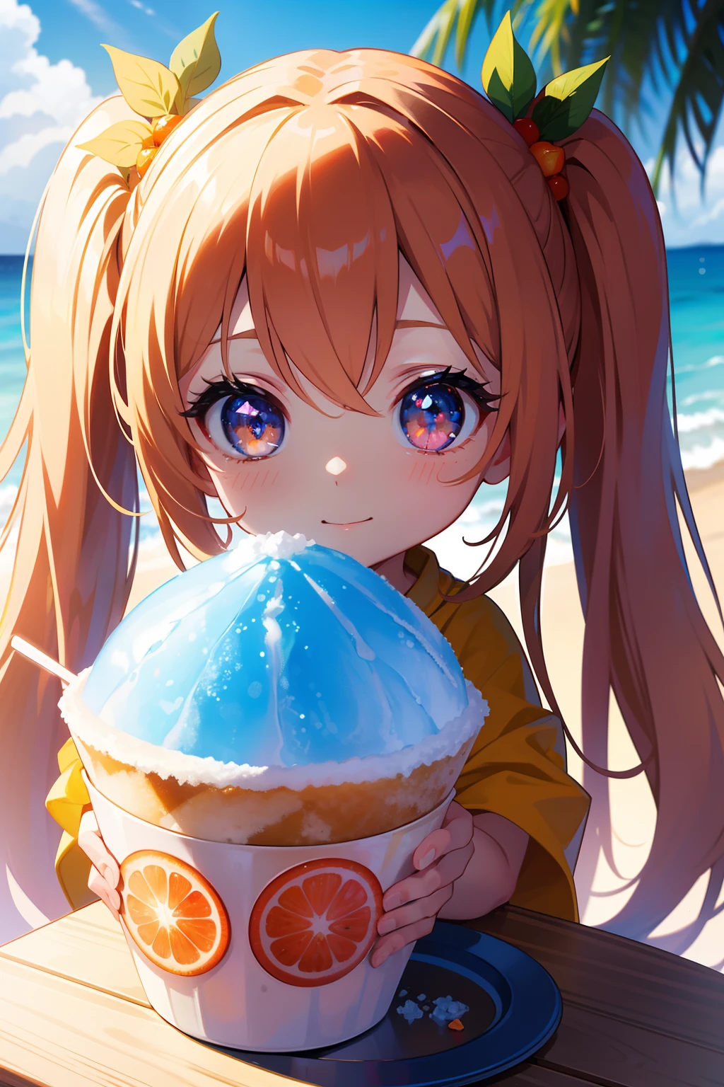 masutepiece, High resolution, 8K, anime woman, Delicate and detailed writing 、Detailed digital illustration、(Chibi:1.2)、(masterpiece:1.4)、(top-quality:1.4)、(a very pretty girl、hyperdetailed face、Eyes Like Gems、very long light brown hair、Colorful gradient hair:1.4)、(full body Esbian、Perfect two arms、Perfect two legs:1.4)、(Perfect four fingers:1 thumb)、brilliance、Ultra-fine、Pigtails、细致背景、Fantastical、Underexposed eyes、hiking clothes、There is a big red ribbon on the clothes、Fantastic background、eyes large and double,,,,,,,,,,,,,,,,,,,,,,,,、Eyes are orange gradients、Sparkly orange pupils、Soothing、Greet with your best smile、Beautiful Hawaiian ocean background、(((Colorful shaved ice topped with fruit)))、Blue sky on sunny background、Sit on a white beach chair and eat shaved ice