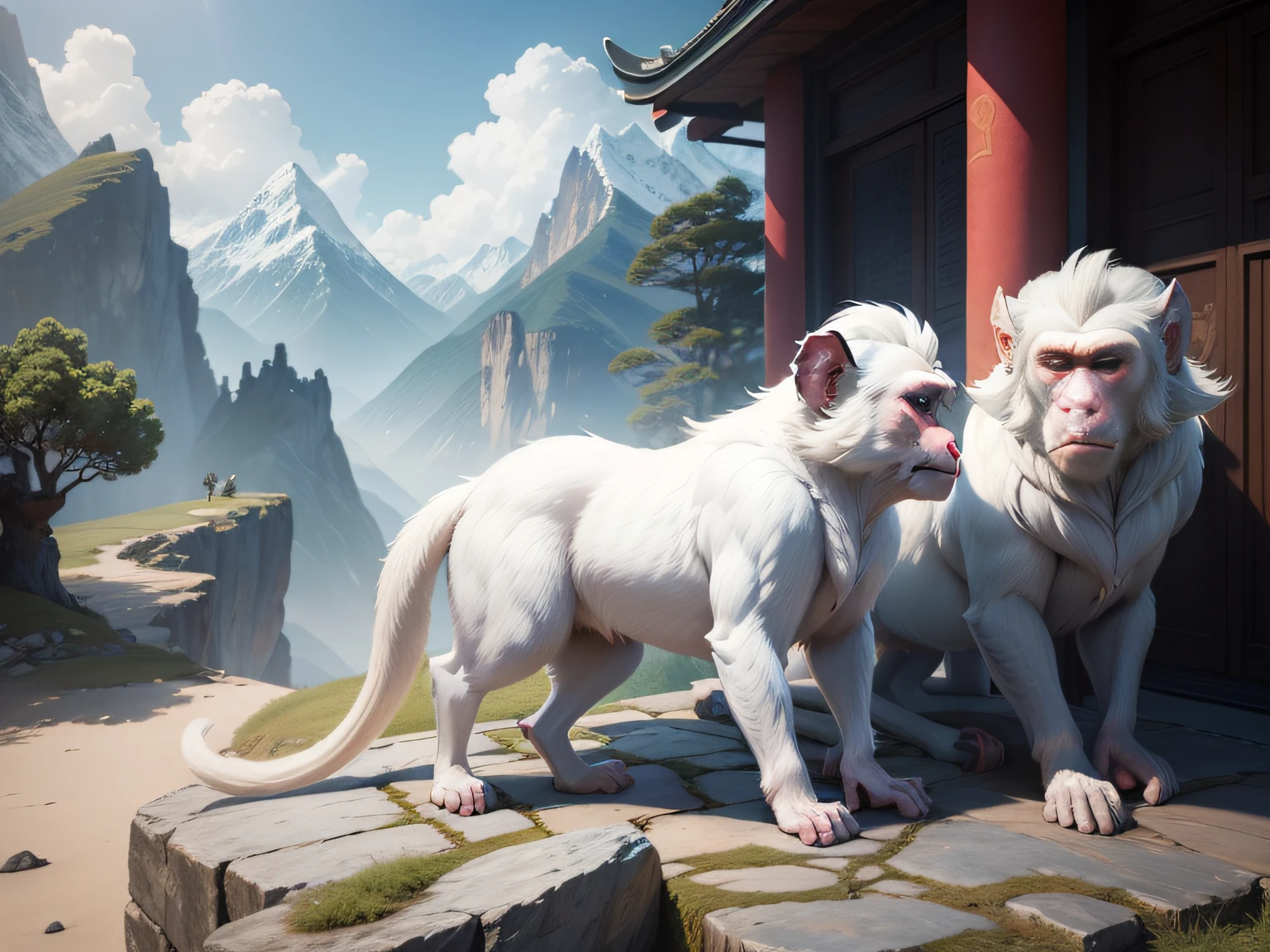 tmasterpiece，A high resolution，3D，CG animation，exteriors，Chinese mythology and stories，Inspired by the Classic of Mountains and Seas，Mountain and sea scripture mythical beast macaque，（White ears）of macaques，，Human face