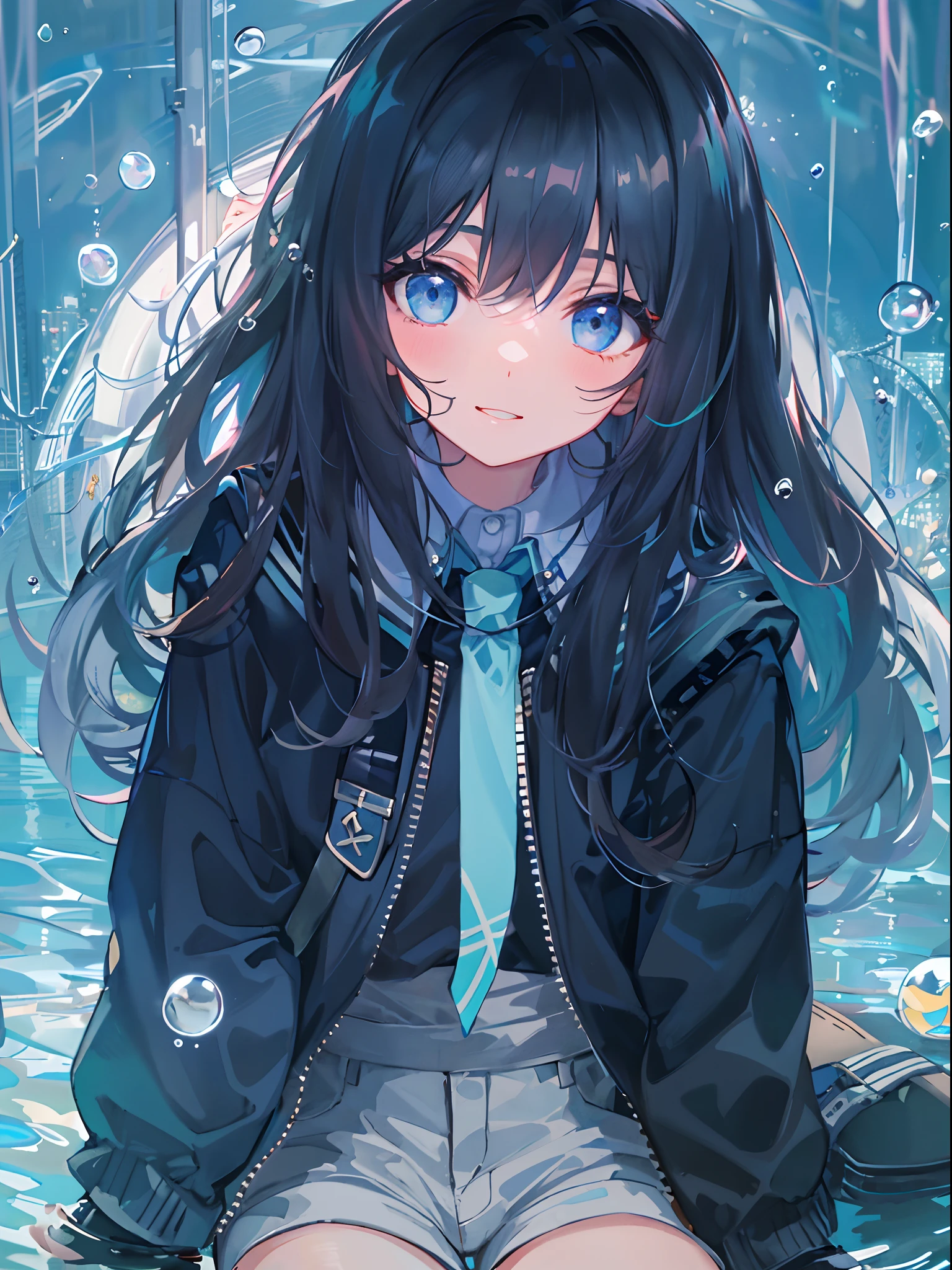 ((top-quality)), ((​masterpiece)), ((ultra-detailliert)), (extremely delicate and beautiful), girl with, 独奏, cold attitude,((Black jacket)),She is very(relax)with  the(Settled down)Looks,A dark-haired, depth of fields,evil smile,Bubble, under the water, Air bubble,bright light blue eyes,Inner color with black hair and light blue tips,Cold background,Bob Hair - Linear Art, shortpants、knee high socks、White uniform like school uniform、Light blue ribbon ties、Clothes are sheer、Hands in pockets