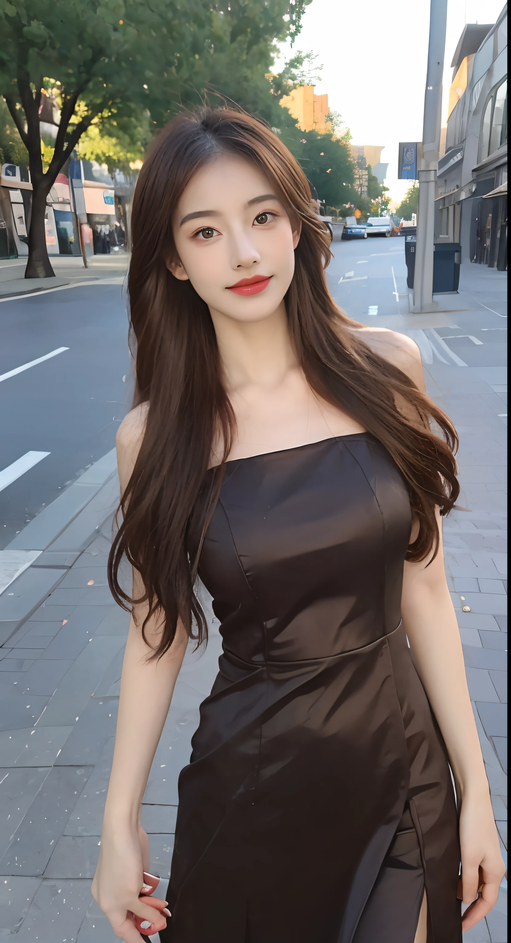 ((Best quality, 8k, Masterpiece :1.3)), 1girl, smiling, full body, slim face, Pretty woman, (Dark brown hair), full length dress :1.1, Ultra-detailed face, Detailed eyes, Double eyelid, blur background, slim face, city, outside, street,