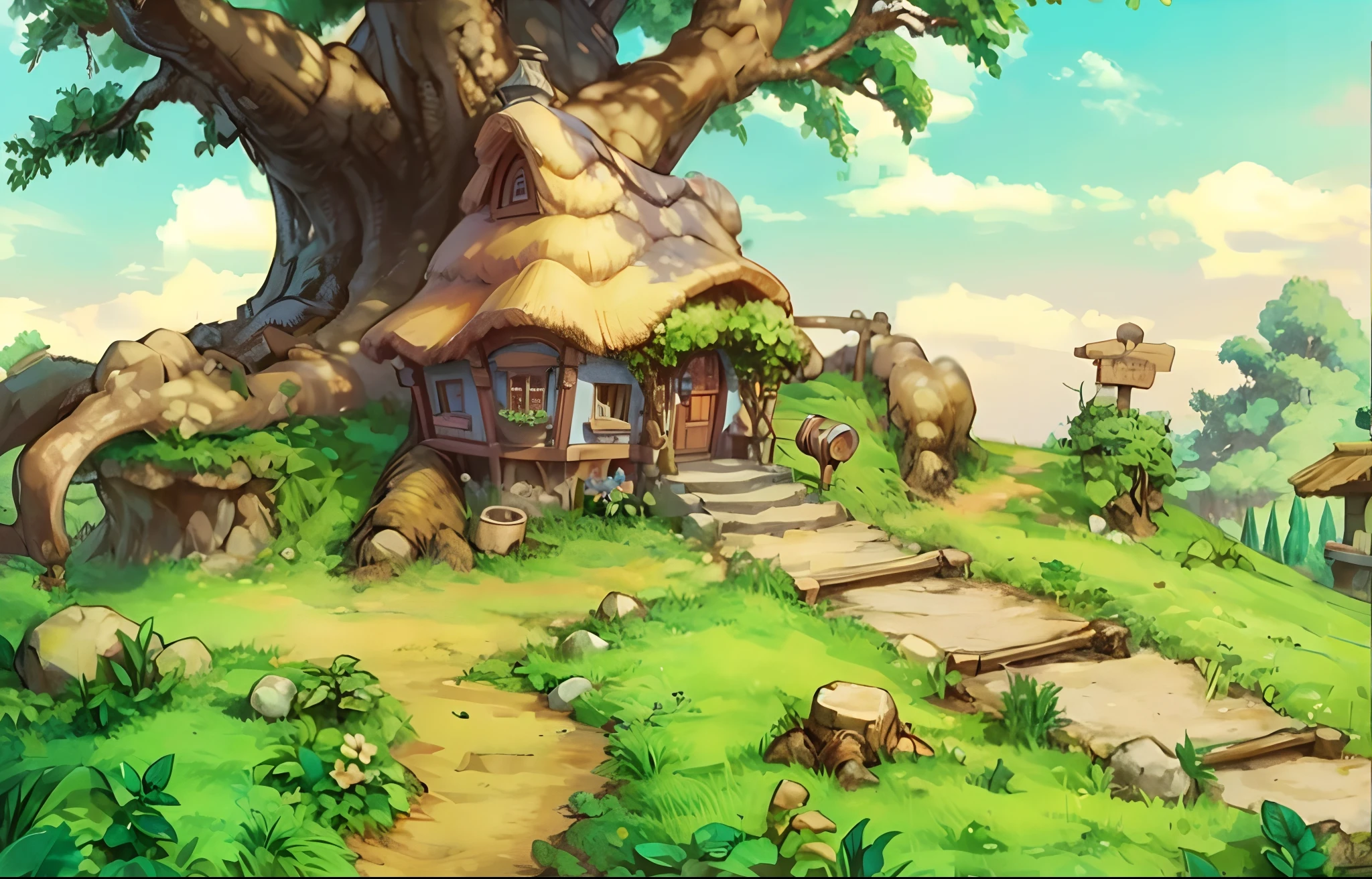 Best quality, high-resolution, hdr, ultra detailed, 8k, house under the tree, nature, detailed scenery, detailed background