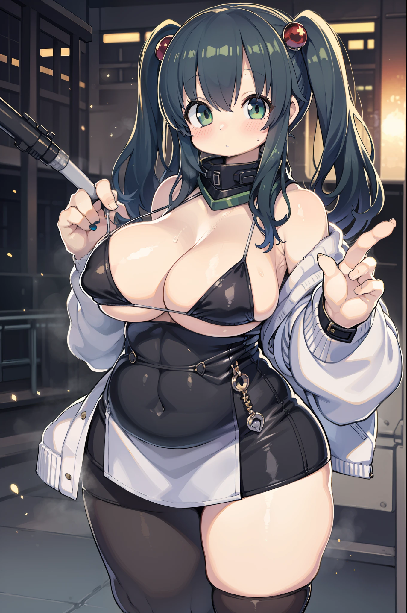assault rifle、Long sideburns、Anime-style girl with beautiful whole body, clean detailed faces, ciber,analogous colors, Glowing shadows, beautiful gradients, depth of fields, CLEAN IMAGE, High quality,Black Parker Clothing、 high detailing, High Definition, blush, Fit, Heavenly Beauty, Very detailed, Soft lighting, Full body,Green&Black hair,Green eyes、huge-breasted