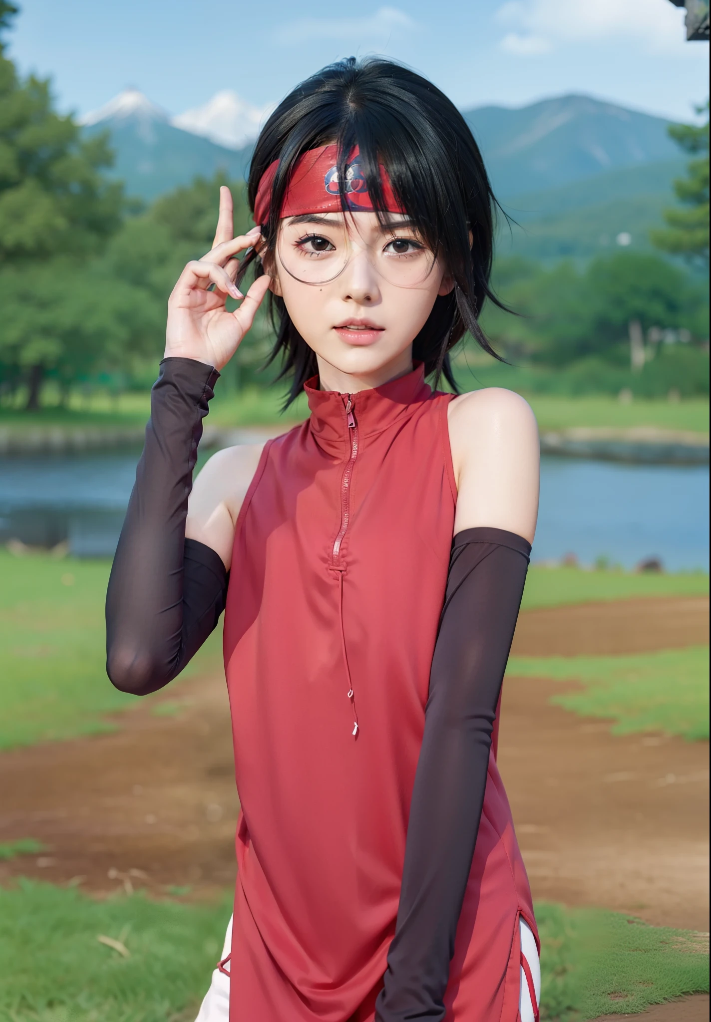 real Life adaption of this character,her name is Uchiha sarada from anime boruto ,hyper realistic ,very realistic detailed hair, high resolution, photorealistic,very detailed,very realistic outfit ,wear red headband very realistic with Iron plate in the middle, Japanese beautiful face,detailed shining eyes, very happy expression