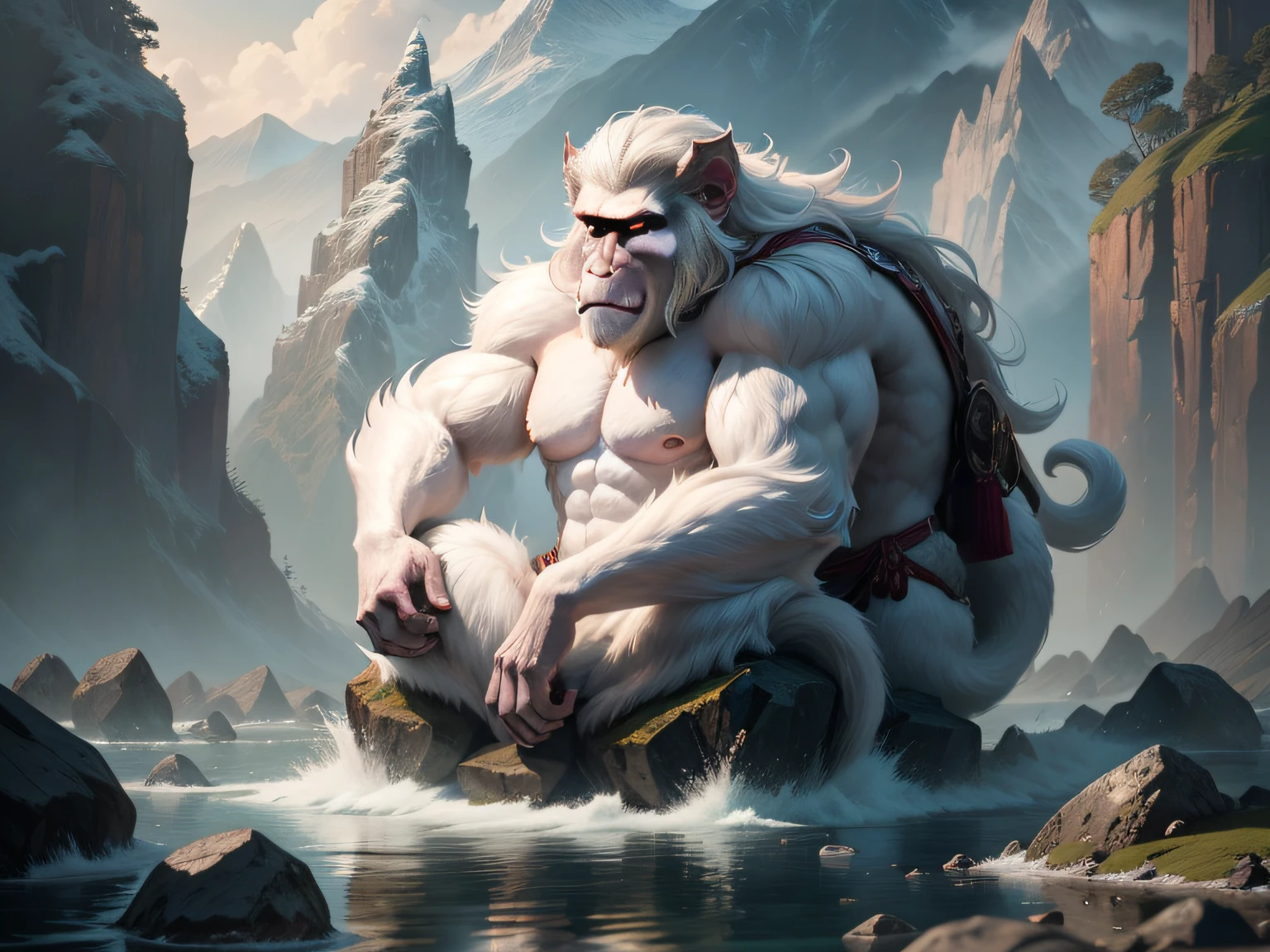 tmasterpiece，A high resolution，3D，CG animation，exteriors，Chinese mythology and stories，Inspired by the Classic of Mountains and Seas，Mountain and sea scripture mythical beast macaque，（White ears）of macaques，，Human face