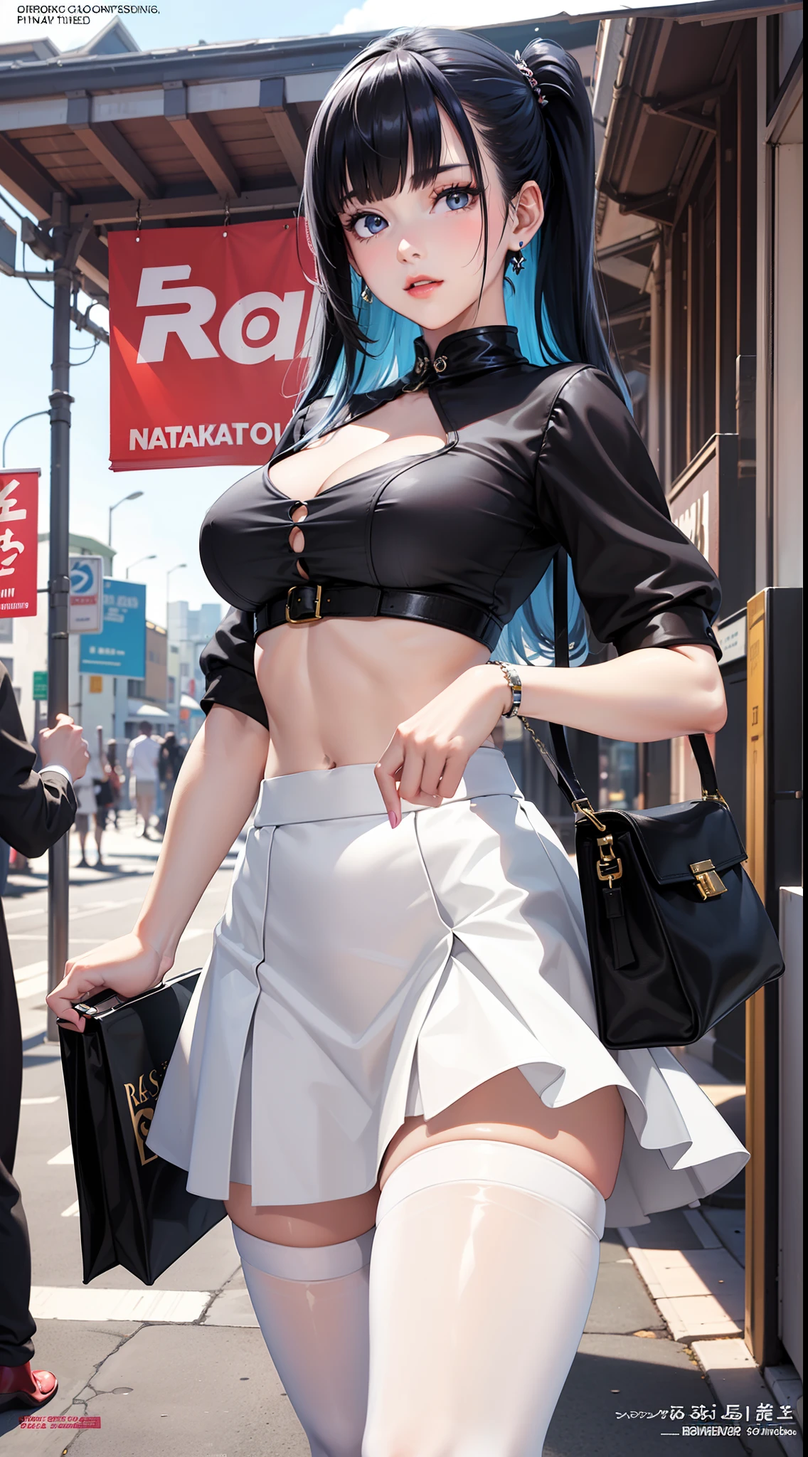 (Best quality), (Ultra detailed), ((Masterpiece)), sfv,republic,illustration, Ray tracing,1girll, Solo, view the viewer, Glossy glossy skin, Contrapposto, female focus,model, Big breasts, (Hot:0.7),
///////////////////
(Sweet milk, White and black skirt:1.2), (Horns:0.8), Long hair, Blue hair, Purple eyes, bangs, bag, bell, side locks, Holding, Ccup
//////////////////////////
Sexy, Fine fabric emphasis,the wallpaper, crowd of, Fashion, lipstick, Depth of field, street, in public,(MagazineCover:1.2),(title),(Magazine cover illustration for fashionable women), posing in front of a colorful and dynamic background.  (the text on the cover should be bold and attention-grabbing, With the title of the magazine and a catchy headline). 3D modeling,photore,Real world,Pantyhose, noelle,