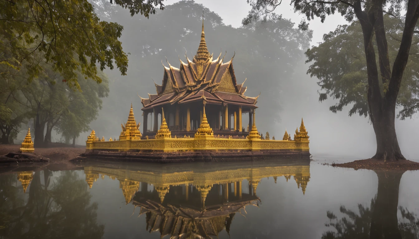 The ancient Thai palace, decorated with gold and jewels, is located in the middle of the forest, surrounded by streams. Pleasant atmosphere. Fog Smoke, cloudy sky