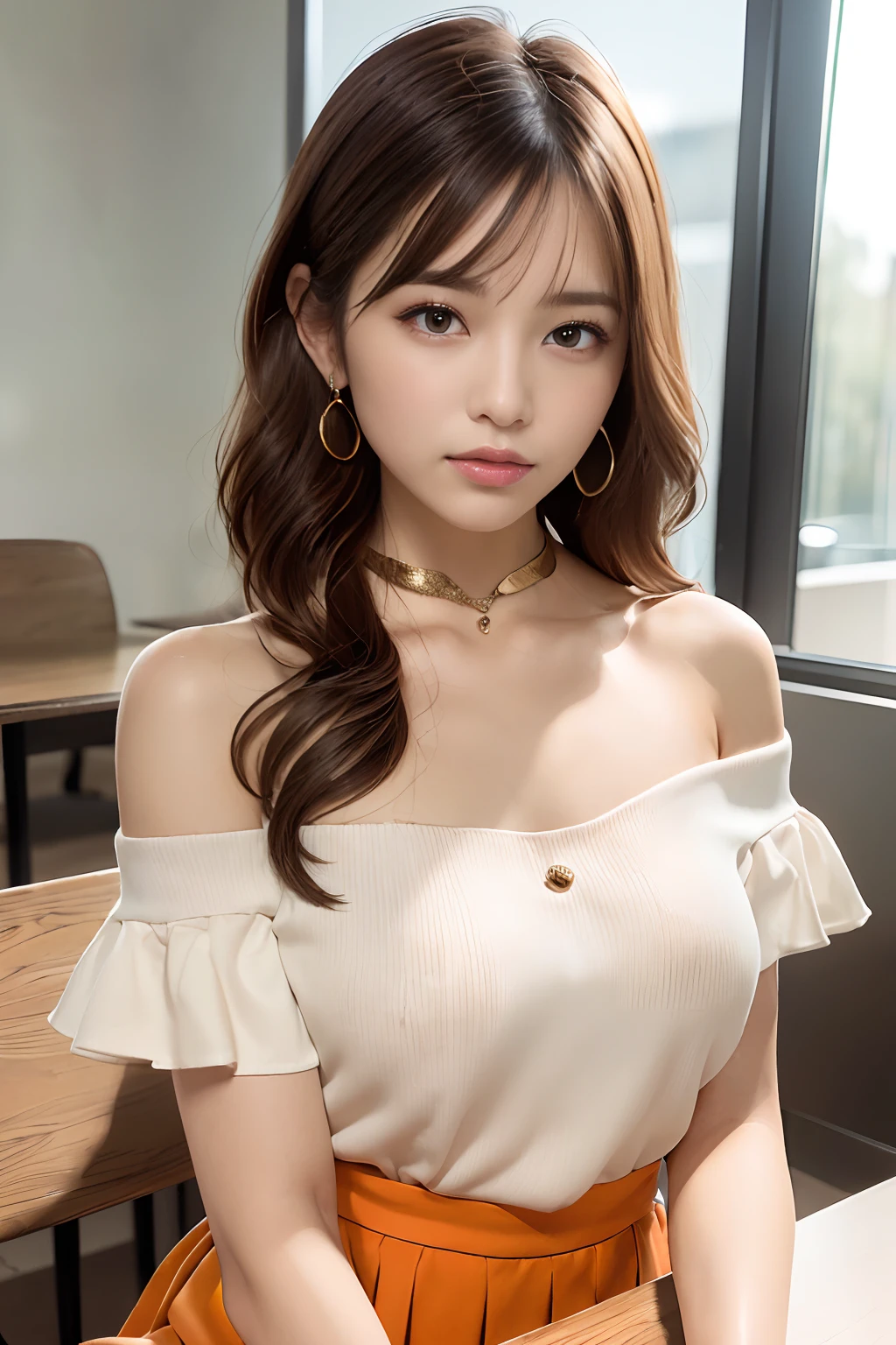 (Masterpiece:1.3), high resolution, Ultra detailed, Extremely detailed Cg Unity 8K wallpaper, Realistic, photo-realistic, RAW photo, Beautiful detailed face, Pale skin, realistic glittering skin, Detailed cloth texture, Detailed hair texture, Perfect body, Beautiful face, Accurate, Anatomically correct, Highly detailed face and skin texture, Natural neck length, (Beautiful hands), (Fair skin:1.2), Thin legs, Thin feet,
Break,
Detailed eyes, symetrical eyes, Light brown eyes, Double eyelids, Thin eyebrows, (Glossy lips:1.4), ((waiting for kiss:1.2)), (Blush:1.1),
Break,
(Elegant and cute girl:1.3), (Wear an elegant off-the-shoulder white shirt), (Orange flared skirt:1.2),
Medium breasts, (Slender figure:1.1), Perfect figure, Firm Abs, Beautifulcollarbone,
(dark gold hair, Wavy hair, Long hair:1.3), ((Asymmetrical bangs:1.2)), (upperbody shots:1.2), view the viewer, (From the side Side:0.65),
Break,
(Sit down against the table), ((Resting his elbows on the table,Gently lift your chin:1.3)),
(In a public workspace), ((Hyundai Office in Japan)),