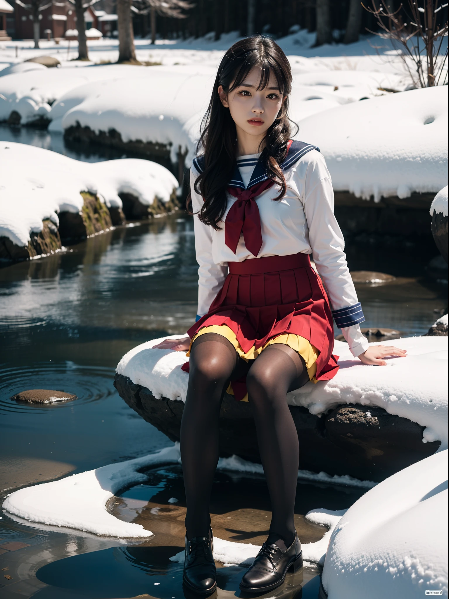 (full body:1.5),(1girl:1.3),(view the viewer:1.4),(anatomy correct:1.3),(Sitting by the creek of a snowy mountain:1.2),(A red and yellow Sailor suit and pleated skirt with ribbons:1.2),(Tan Pantyhose:1.3),( JK uniform small leather shoes with bows for female students:1.1),(Accurate and perfect face:1.3),hyper HD, Ray traching, reflective light, structurally correct, Award-Awarded, high detail, lighten shade contrast, Face lighting ,cinematic lighting, masterpiece, super detailing, high quality, high detail, best quality, 16k,High contrast,