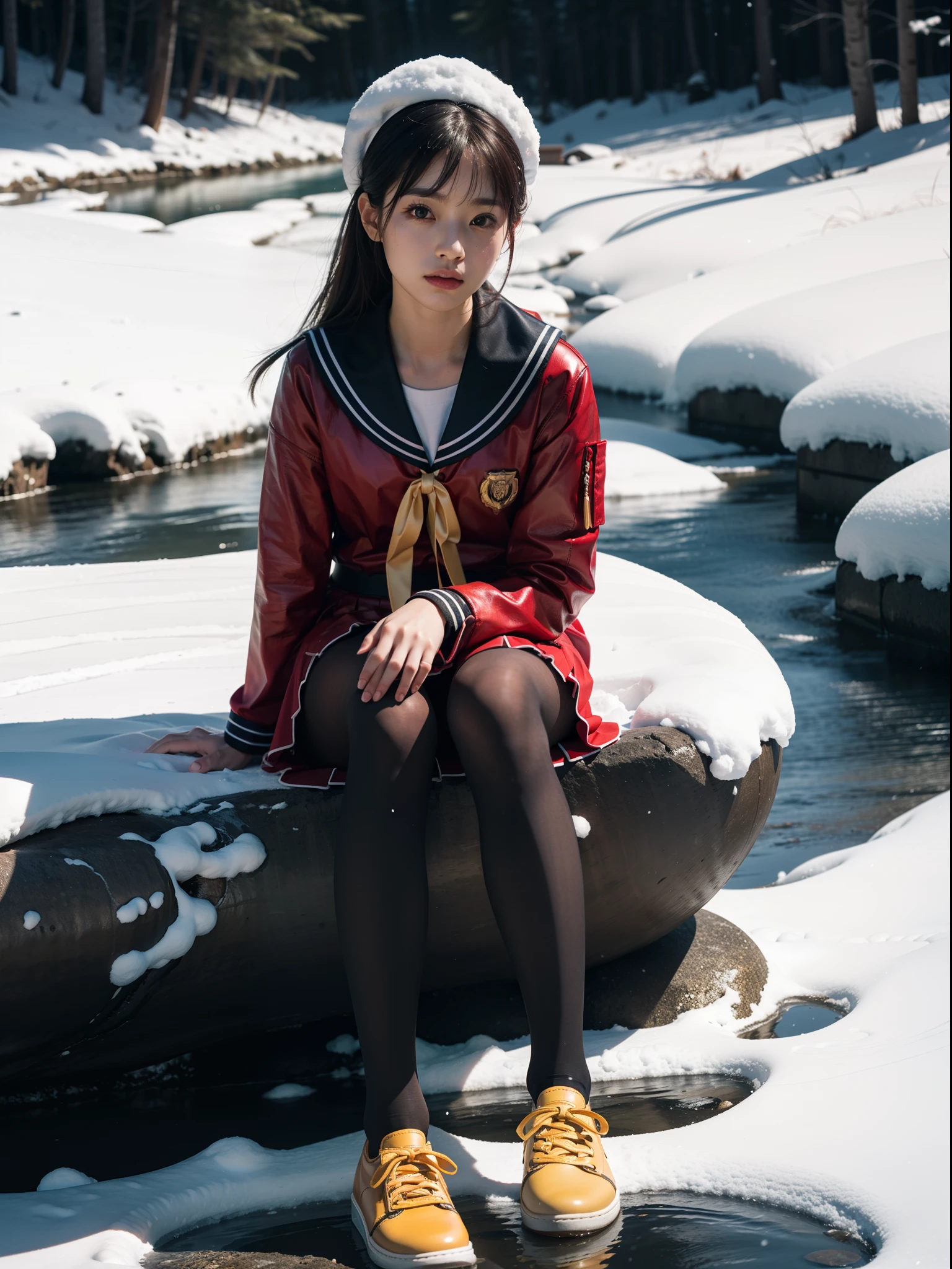 (full bodyesbian:1.5)，(1girll:1.3),(view the viewer:1.4)，(anatomy correct:1.3),(Sitting by a creek in a snowy mountain:1.2),(Red and yellow sailor suit and pleated skirt with ribbons:1.2),(Sepia pantyhose:1.3),( JK school uniform girls bow small leather shoes:1.1)，(Accurate and perfect face:1.3),hyper HD, Ray traching, reflective light， structurally correct, Award-Awarded, High detail, Fade shadow contrast, Face lighting ，Cinematic lighting, Masterpiece, super detailing, High quality, High detail, Best quality, 16k，High contrast,