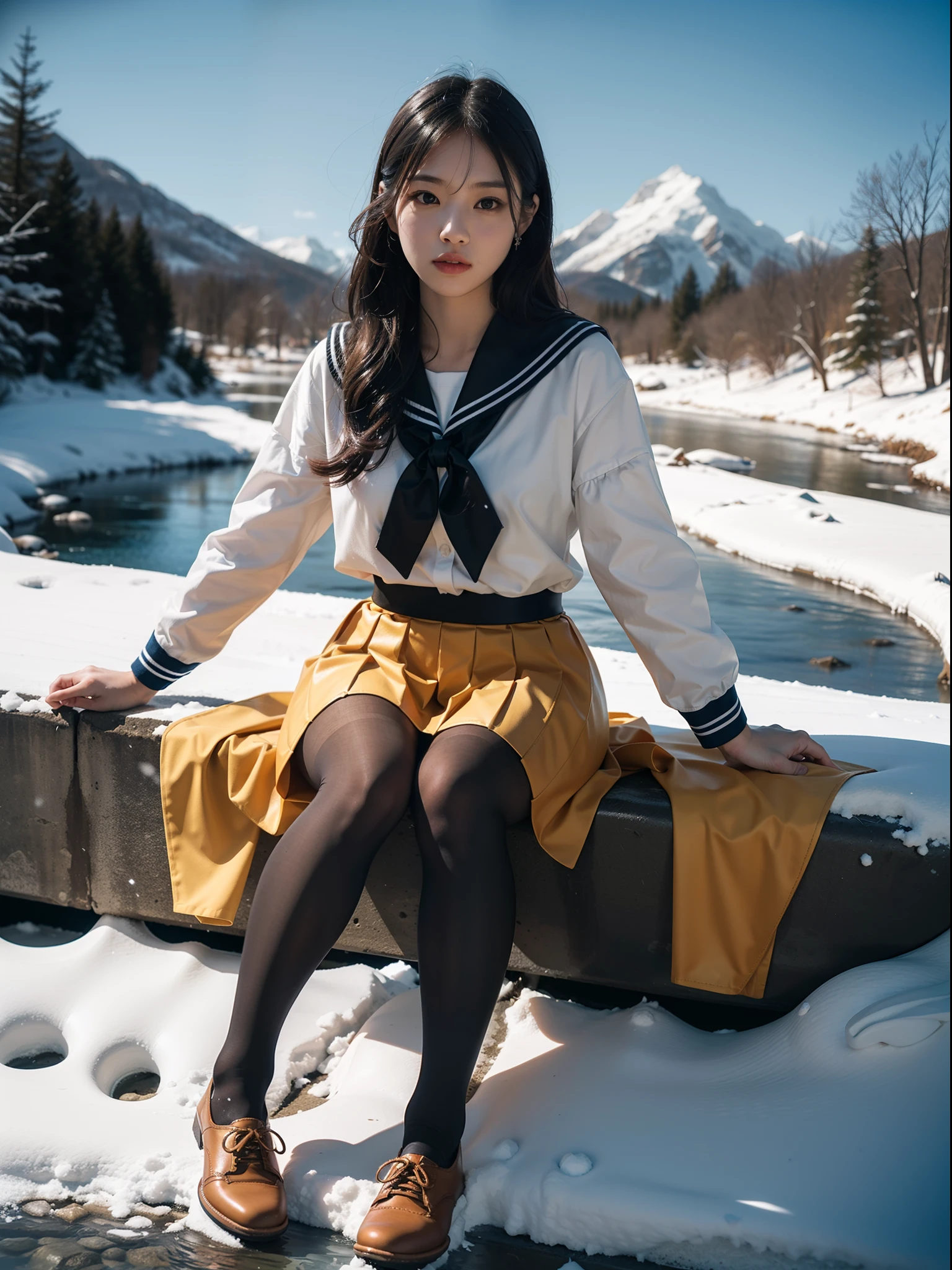 (full body:1.5),(1girl:1.3),(view the viewer:1.4),(anatomy correct:1.3),(Sitting by the creek of a snowy mountain:1.2),(A red and yellow Sailor suit and pleated skirt with ribbons:1.2),(Tan Pantyhose:1.3),( JK uniform small leather shoes with bows for female students:1.1),(Accurate and perfect face:1.3),hyper HD, Ray traching, reflective light, structurally correct, Award-Awarded, high detail, lighten shade contrast, Face lighting ,cinematic lighting, masterpiece, super detailing, high quality, high detail, best quality, 16k,High contrast,
