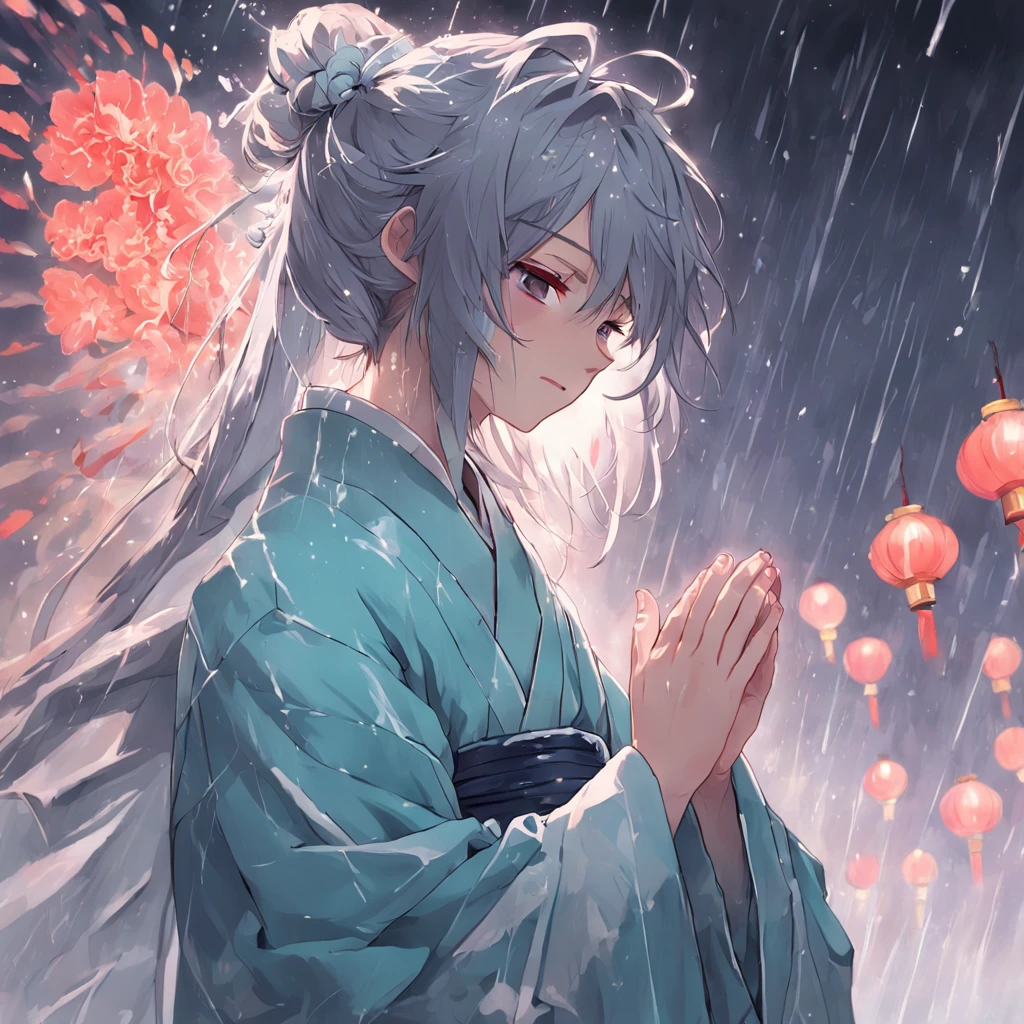 Anime girl in kimono praying in the rain, flowing hair and long robes, handsome guy in demon killer art, by Yang J, Cai Xukun, anime wallaper, heise jinyao, Daoism, By Yuumei, bian lian, Taoist, Inspired by Bian Shoumin, Guviz-style artwork, anime beautiful peace scene