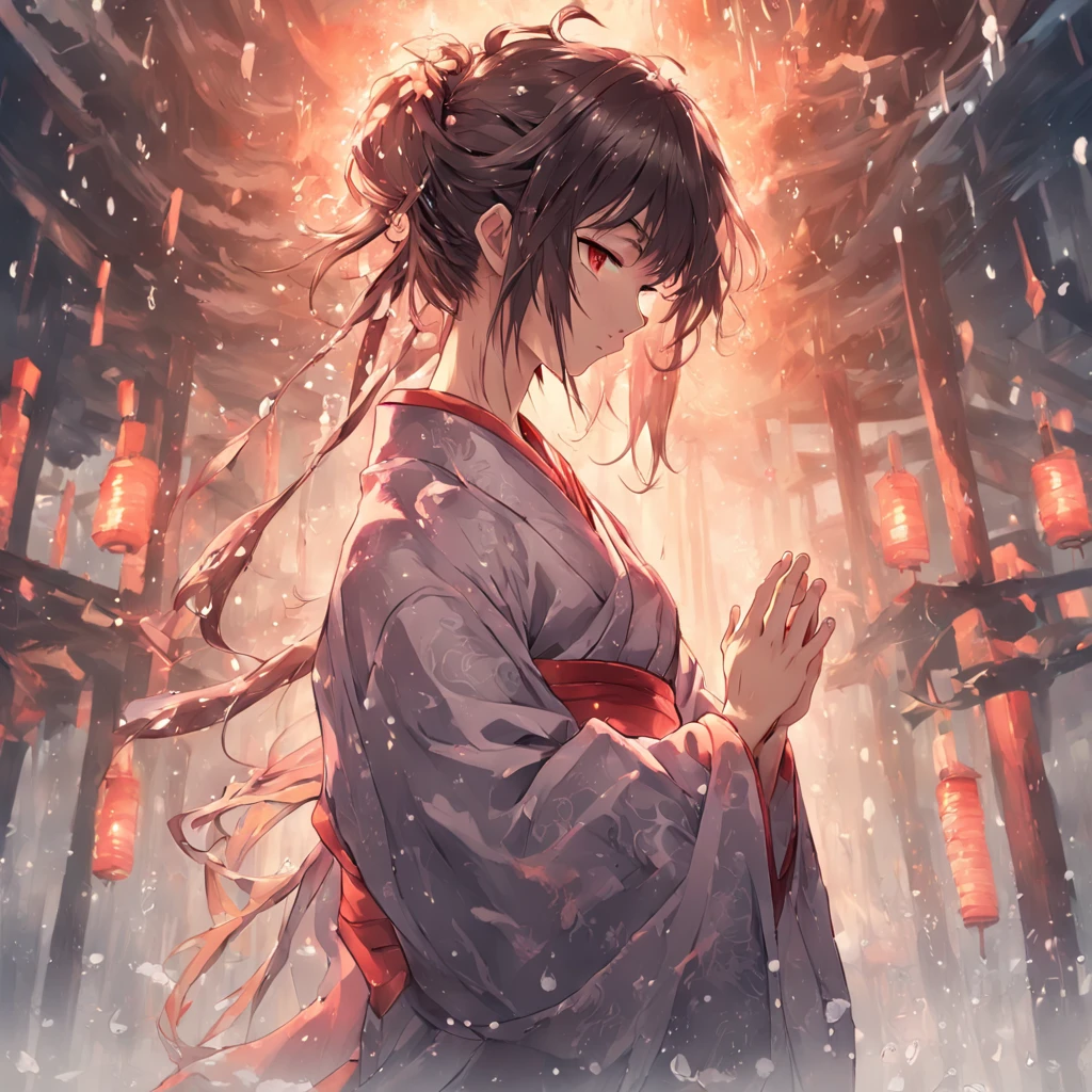 Anime girl in kimono praying in the rain, flowing hair and long robes, handsome guy in demon killer art, by Yang J, Cai Xukun, anime wallaper, heise jinyao, Daoism, By Yuumei, bian lian, Taoist, Inspired by Bian Shoumin, Guviz-style artwork, anime beautiful peace scene