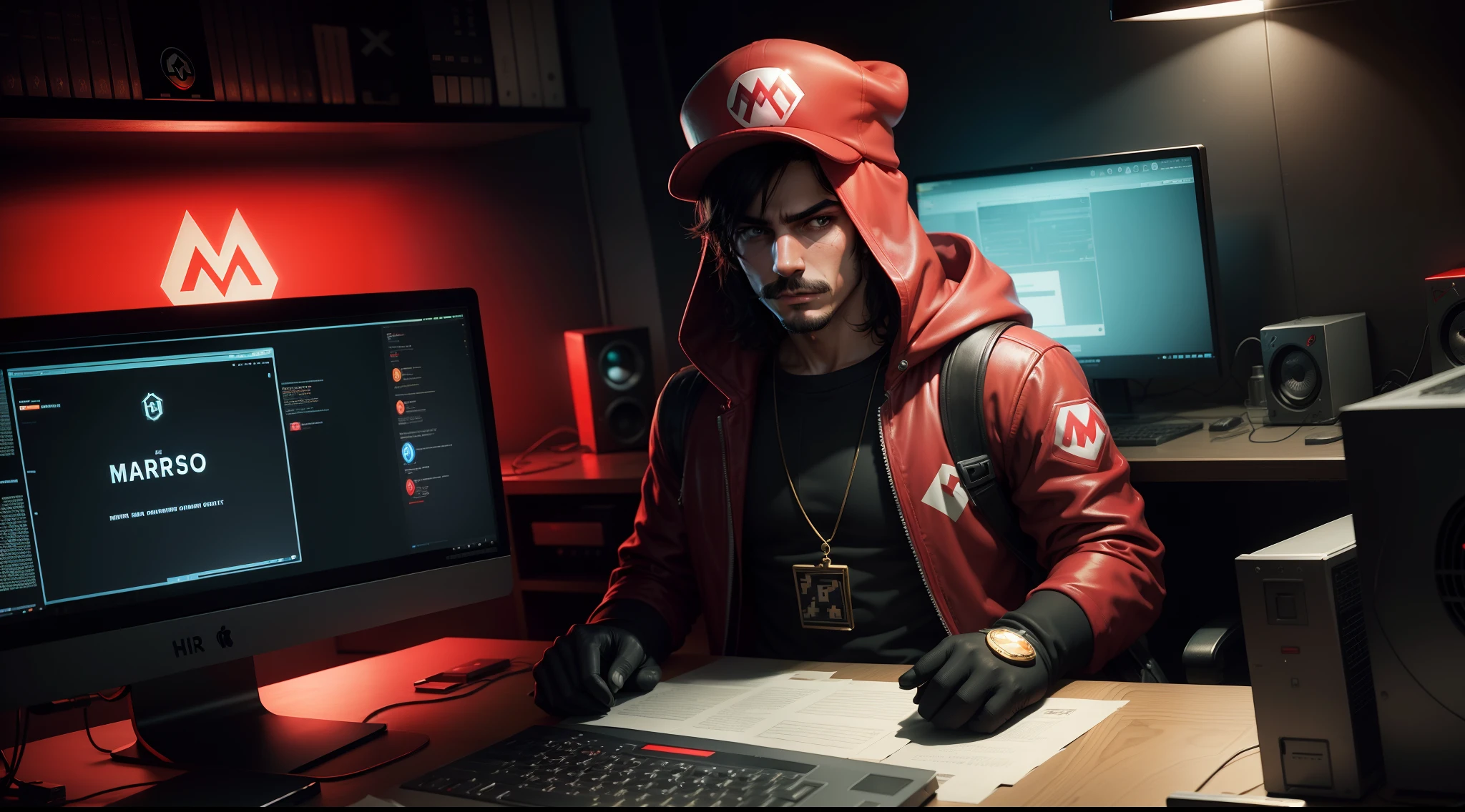 Super mario realista, hacker, borrowed gold, rich, hacker, money heist, cinematic, dark room, hacker computer